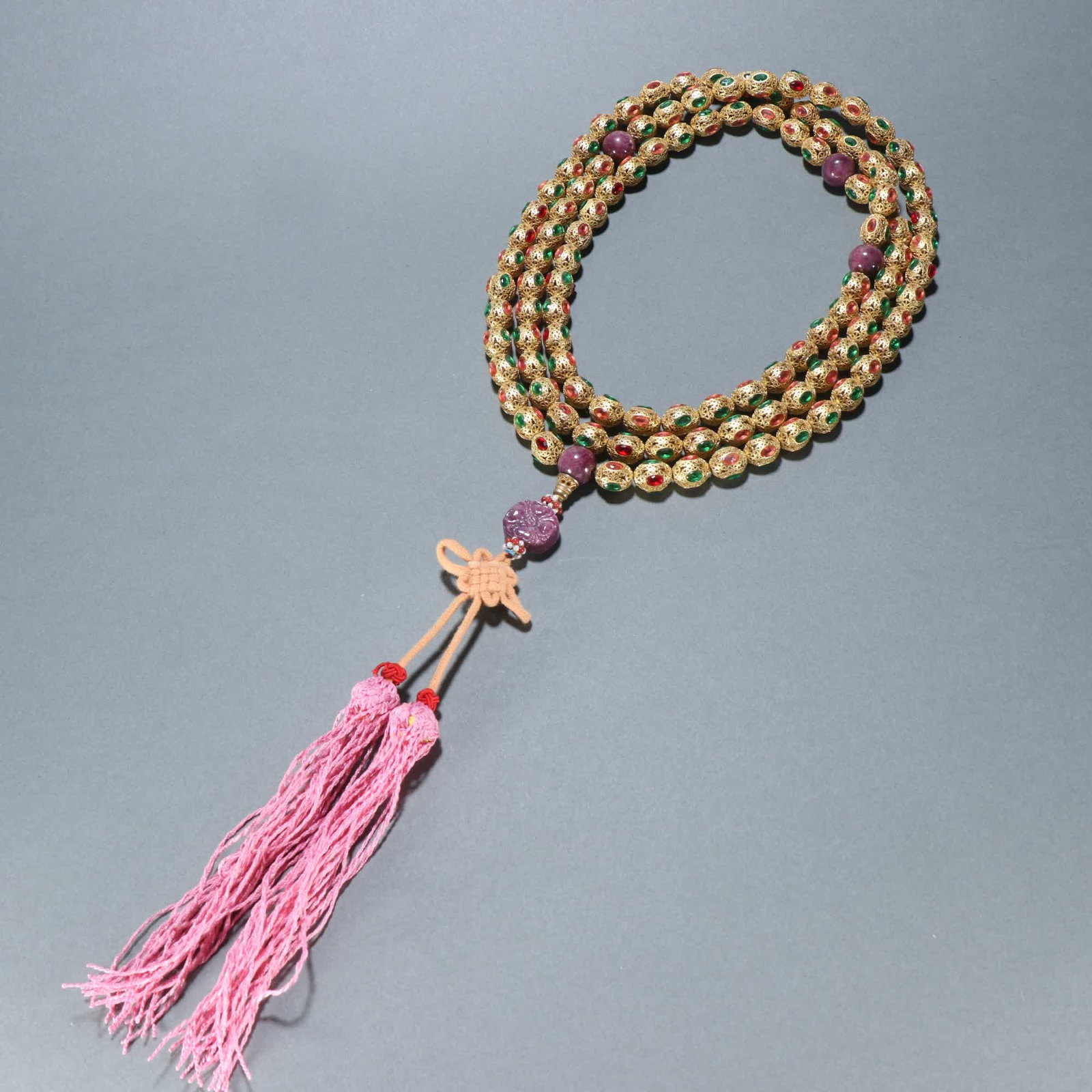 A Qing Dynasty silver-gilt inlaid tourmaline 108 Buddha beads: Qing Dynasty silver-gilt inlaid tourmaline 108 Buddha beads SIZE: Bead diameter 1cm W: 189.5g (The Dimensions Of All Batches Are Manually Measured.If You Need More Detailed Information, Please