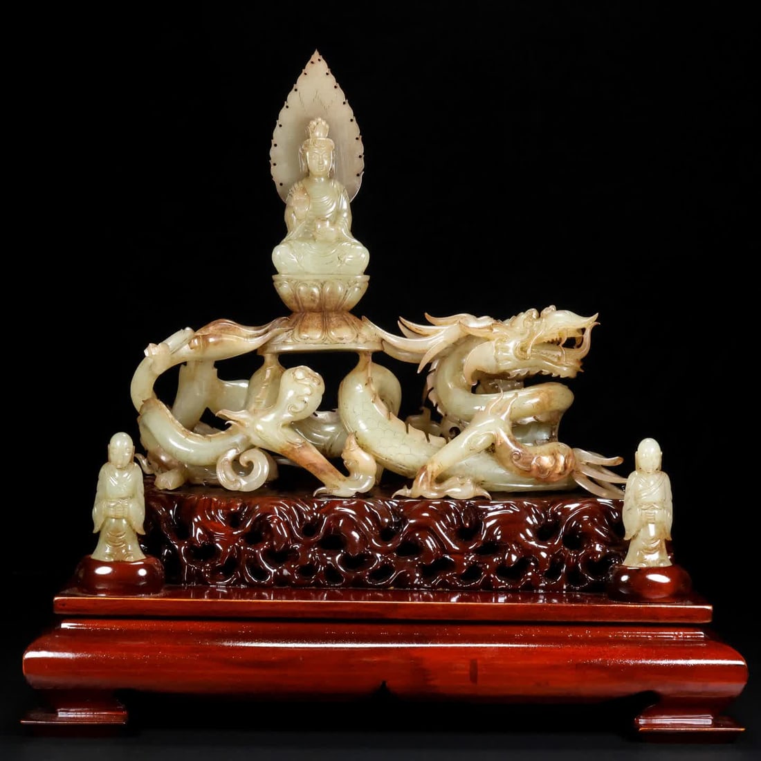 A Ming Dynasty jade Manjushri Bodhisattva boy: Ming Dynasty Jade Manjushri Bodhisattva boy SIZE: L: 27.5cm W: 9.5cm H: 23cm Boy L: 2.6W: 2H: 6.3cm Total W: 1349g (The Dimensions Of All Batches Are Manually Measured.If You Need More Detailed Inform