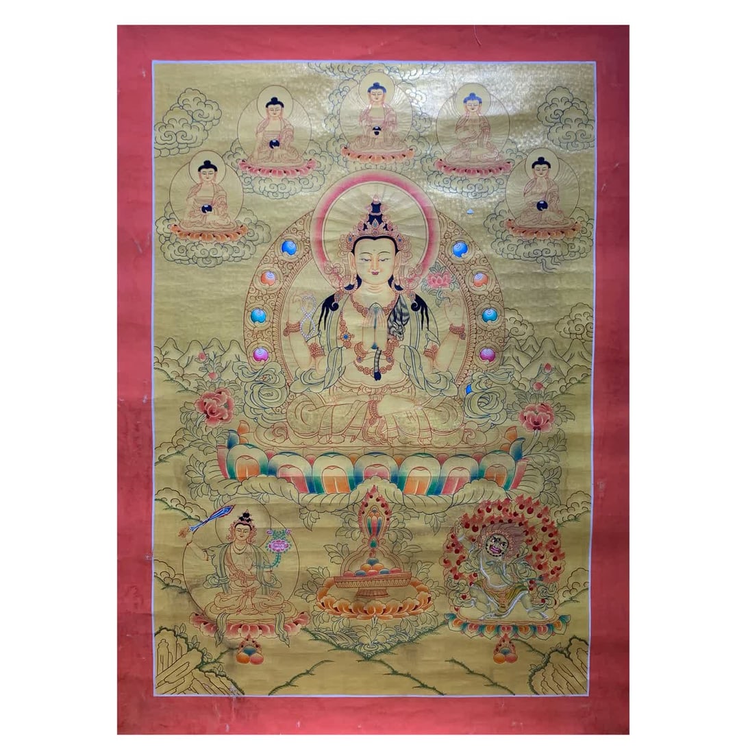 A Qing Dynasty Tibetan four-armed Guanyin thangka (1 of 9)