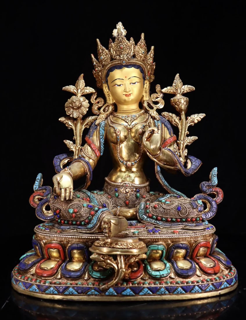 A Qing Dynasty Tibetan silver cloisonne green tara: Qing Dynasty Tibetan silver cloisonne green Tara SIZE: H:50cm W:36cm (The Dimensions Of All Batches Are Manually Measured.If You Need More Detailed Information, Please Contact Our Customer Service