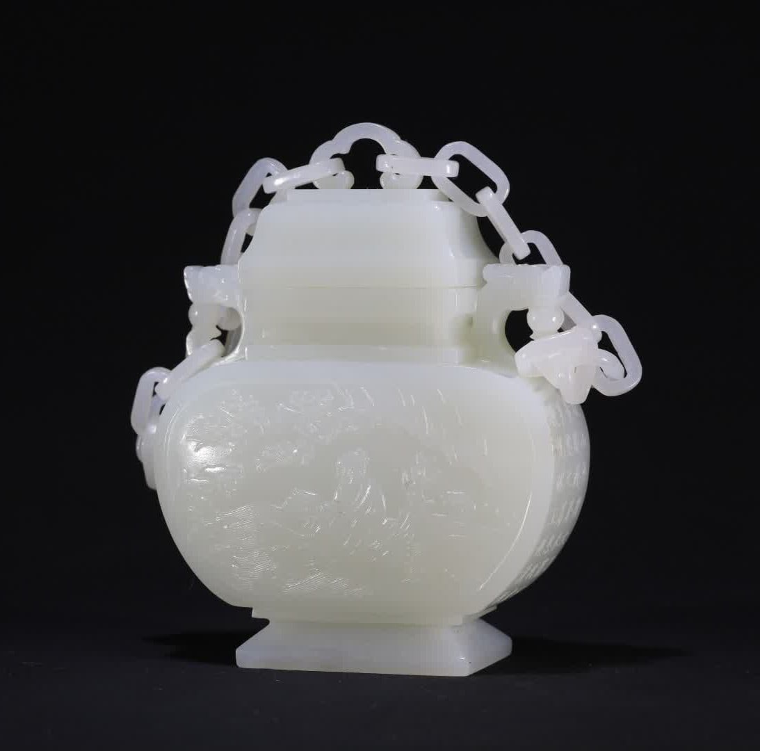 A Qing Dynasty white jade immortal riding a raft poetry cover bottle ornament (1 of 9)