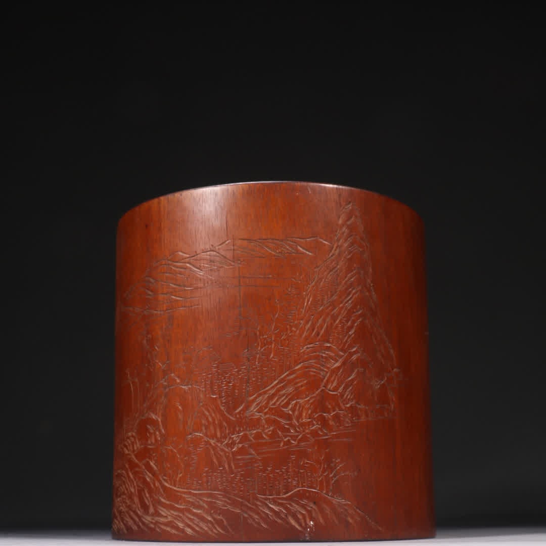 A Qing Dynasty Huanghuali landscape pen holder (1 of 9)