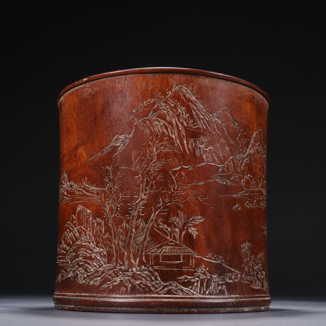 A pen holder of Qing Dynasty Huanghuali landscape figures: Qing Dynasty Huanghuali landscape figure pen holder SIZE: H:16cm MouthD:17cm (The Dimensions Of All Batches Are Manually Measured.If You Need More Detailed Information, Please Contact Our Customer Ser