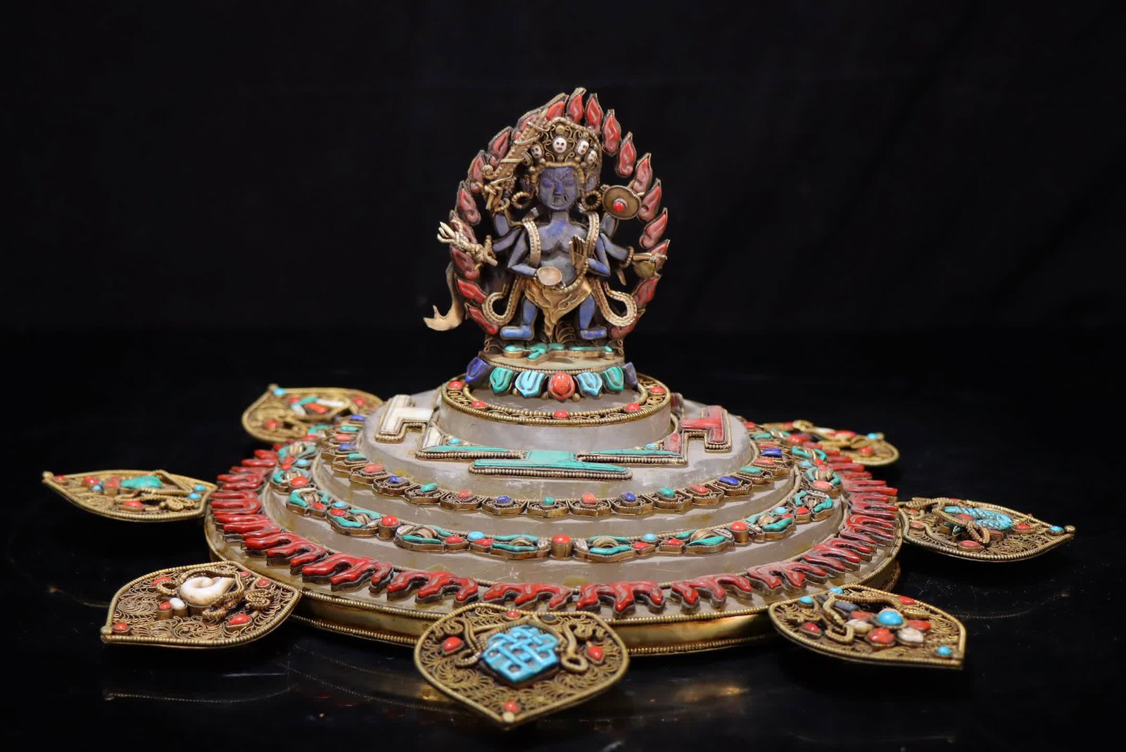 A six-armed Mahakala statue of the core deity of the Qing Dynasty Tibetan six-armed Mahakala crystal: Qing Dynasty Tibetan six-armed Mahakala crystal gilt inlaid treasure eight auspicious mandala core main deity six-armed Mahakala statue SIZE: H:14cm W:33cm (The Dimensions Of All Batches Are Manually 