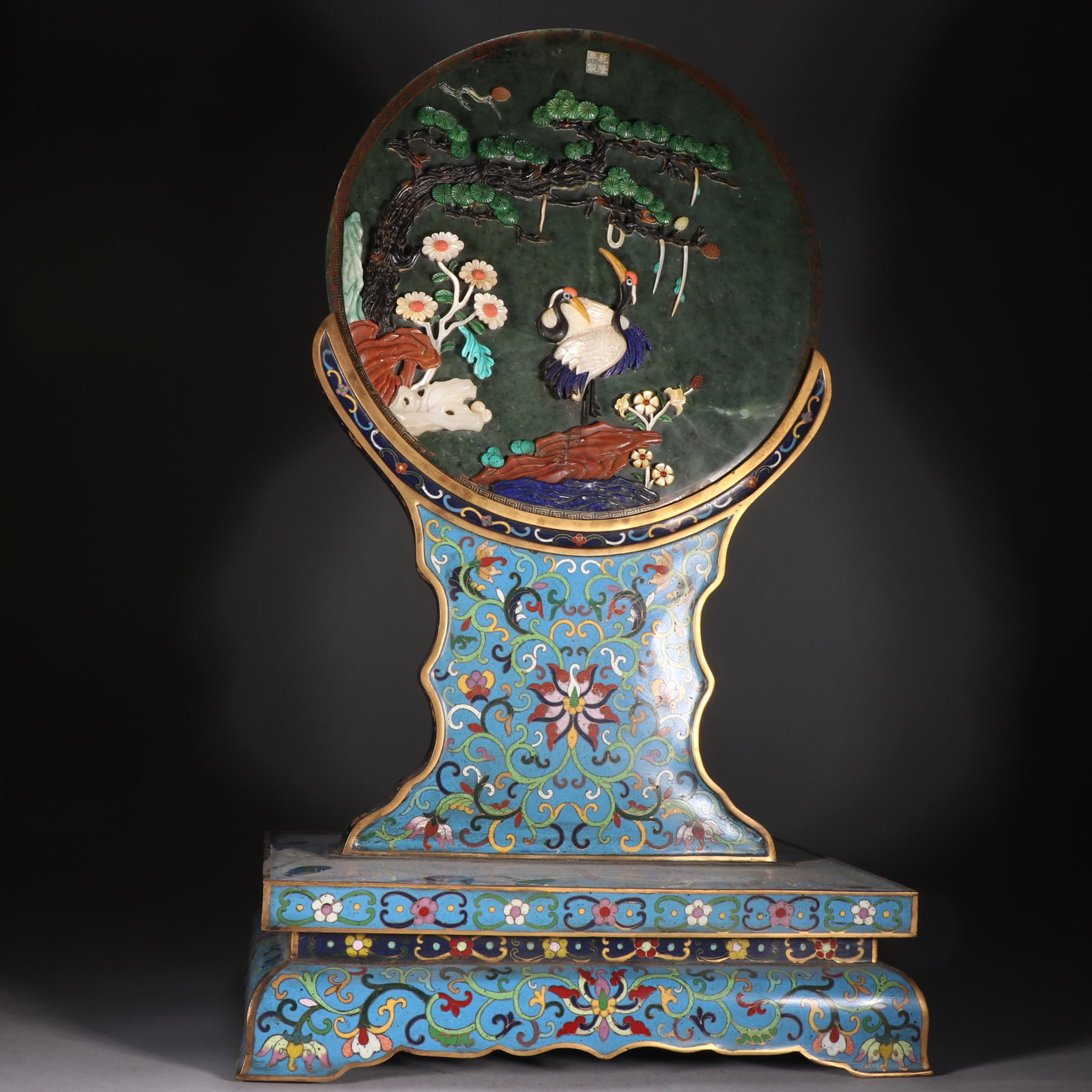 A piece of Qing Dynasty jasper inlaid with a hundred treasures pine crane to prolong the life: Qing Dynasty jasper inlaid with hundreds of treasures, pine cranes and longevity inserts SIZE: H:55cm W:33cm W:7.1kg (The Dimensions Of All Batches Are Manually Measured.If You Need More Detailed Info