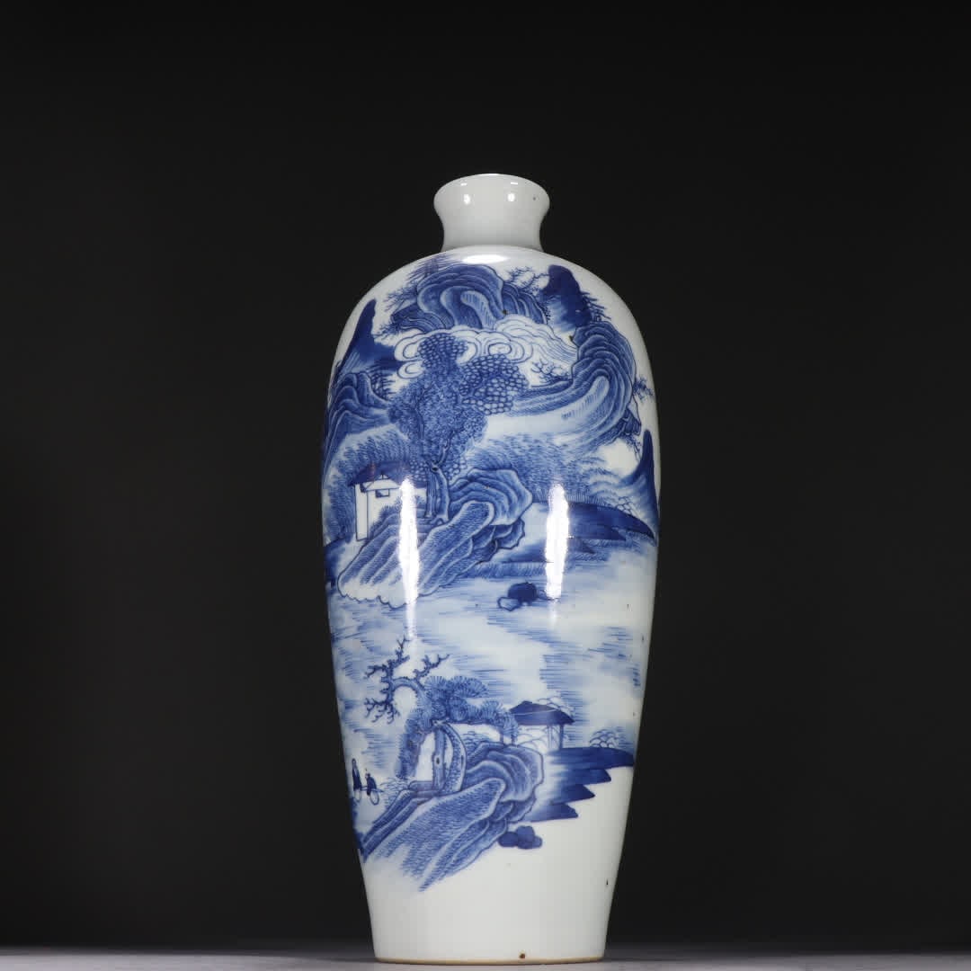 A Qing Dynasty blue and white landscape figure bottle (1 of 9)