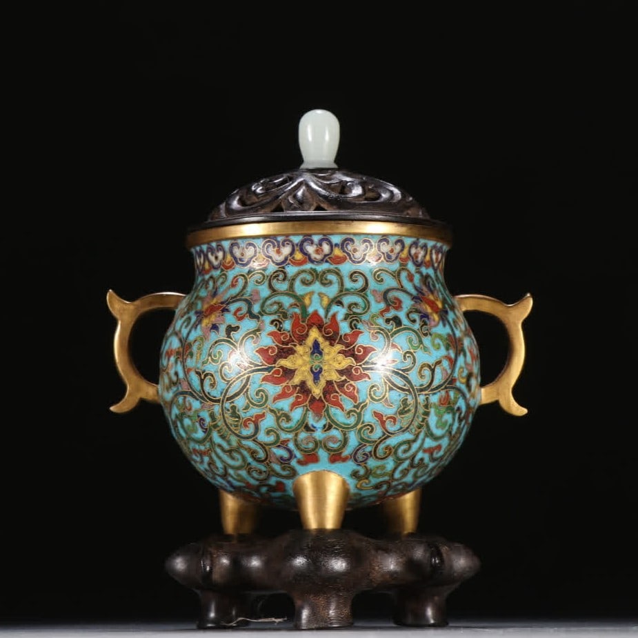 A Qing Dynasty copper gilt cloisonne entwined lotus pattern amphora aroma burner: Qing Dynasty copper gilt cloisonne entwined lotus pattern amphora aroma burner SIZE: H:13.5cm W:10.5cm W:370g (The Dimensions Of All Batches Are Manually Measured.If You Need More Detailed Information