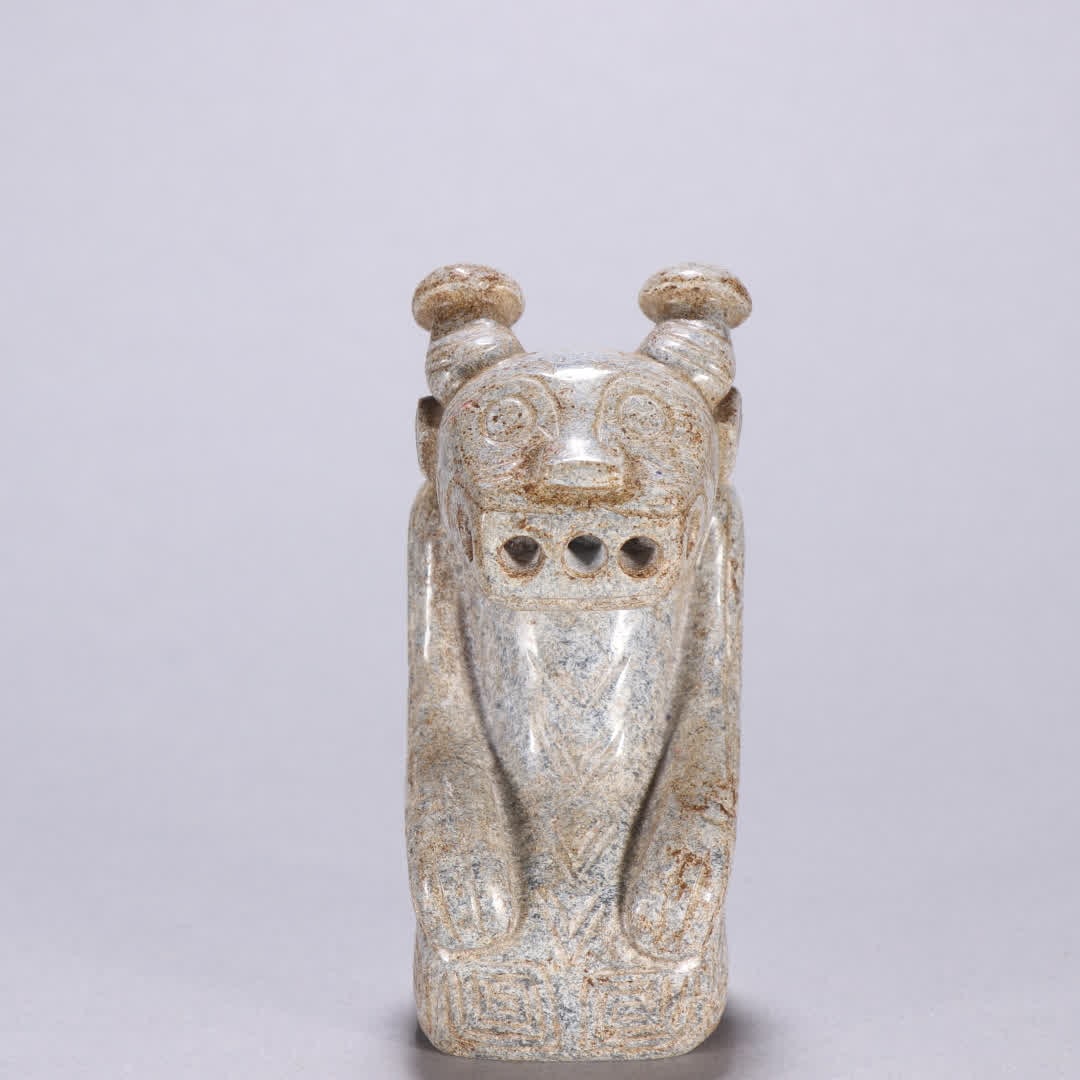 A Western Zhou Hetian jade three-hole kneeling ornament: Western Zhou Hetian jade three-hole kneeling ornament SIZE: H:9.6cm W:3.9cm W:290g (The Dimensions Of All Batches Are Manually Measured.If You Need More Detailed Information, Please Contact Our Custom