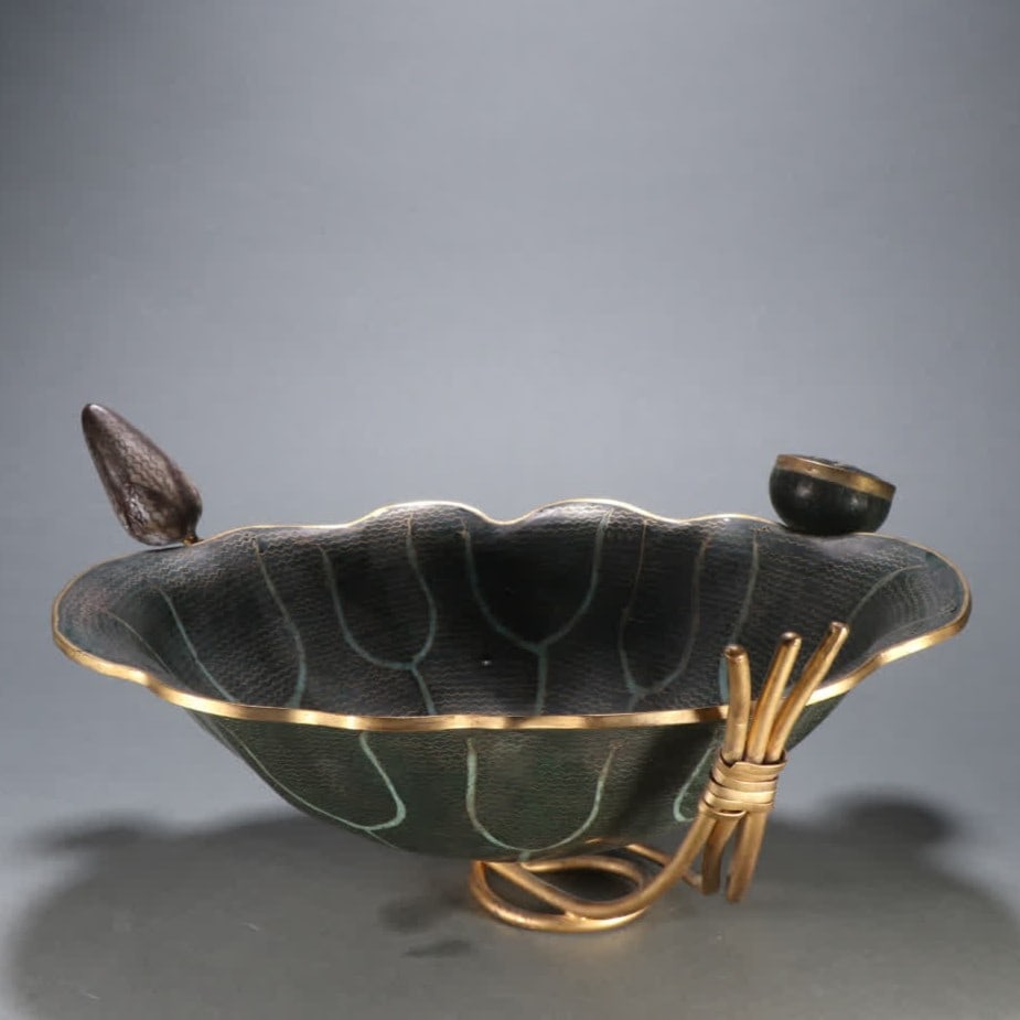 A Qing Dynasty copper gilt cloisonne lotus leaf pen wash: Qing Dynasty copper gilt cloisonne lotus leaf pen wash SIZE: H:16cm W:30.2cm W:1393.2g (The Dimensions Of All Batches Are Manually Measured.If You Need More Detailed Information, Please Contact Our Cu