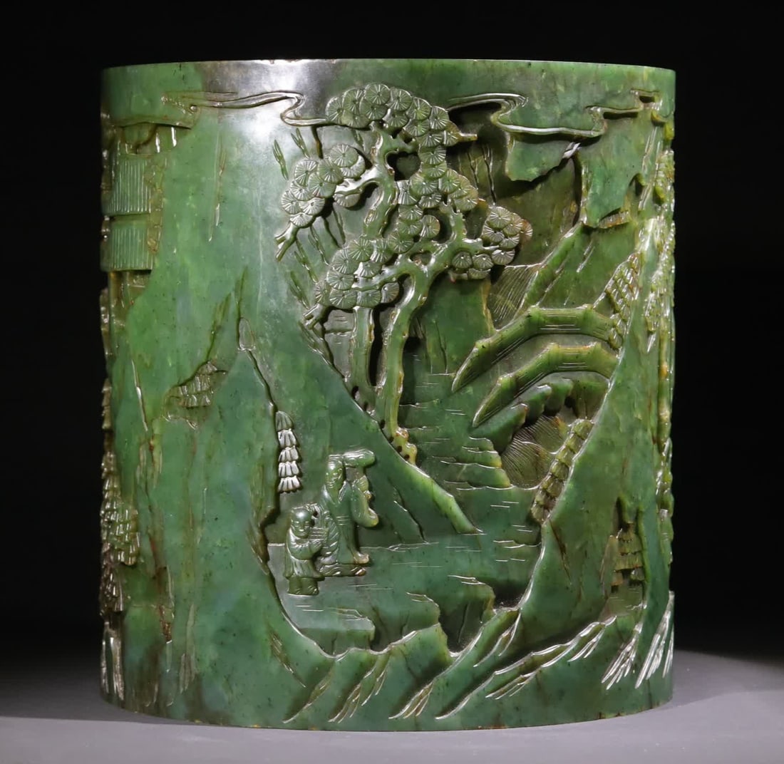 A Qing Dynasty Hetian jasper landscape character pavilion pen holder stationery (1 of 16)