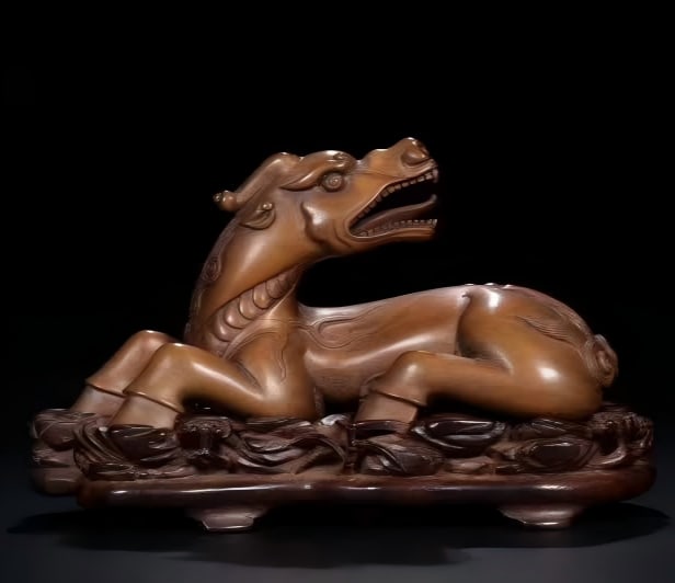 A Qing Dynasty boxwood mythical beast: The Qing Dynasty Huangyangmu mythical beast, the original rosewood base, the study ornaments, the carving is fine, the skin is ruddy, and the intact is intact SIZE: Total H: 10cm L: 16.5cm Abdomen W: