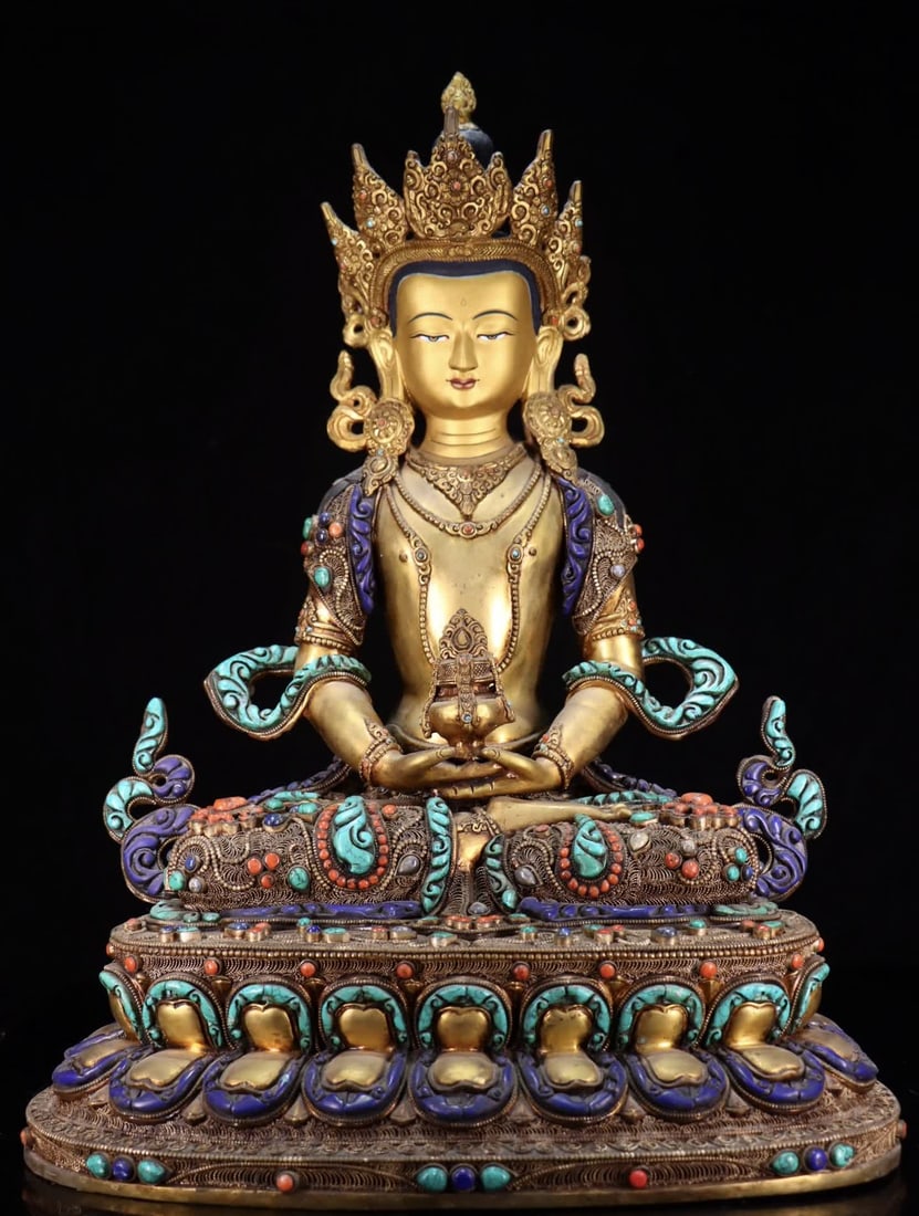 A Qing Dynasty copper-gilt inlaid gemstone longevity Buddha: Qing Dynasty copper gilt inlaid gemstone longevity Buddha SIZE: H:48cm W:36cm (The Dimensions Of All Batches Are Manually Measured.If You Need More Detailed Information, Please Contact Our Customer