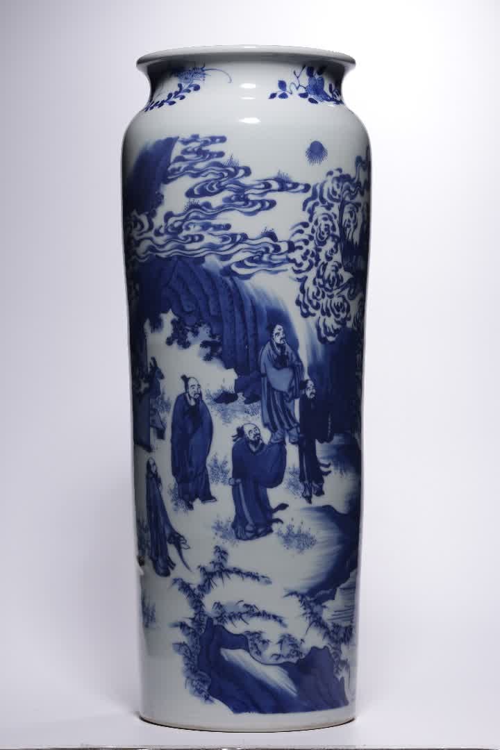 A Ming Dynasty blue and white character story pattern elephant leg bottle (1 of 9)