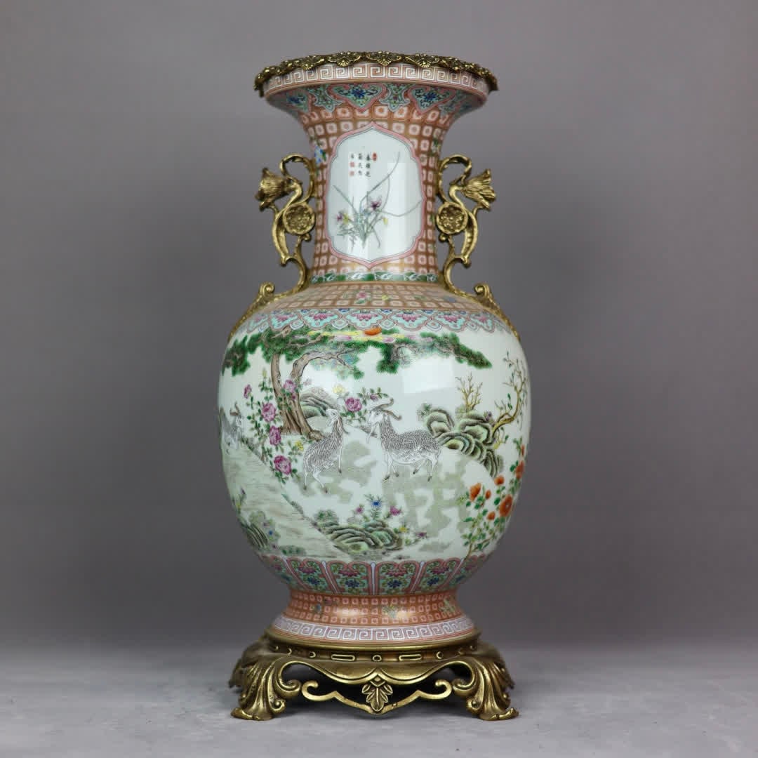 A Qing Dynasty pastel three sheep Kaitai inlaid copper lace amphora vase (1 of 9)