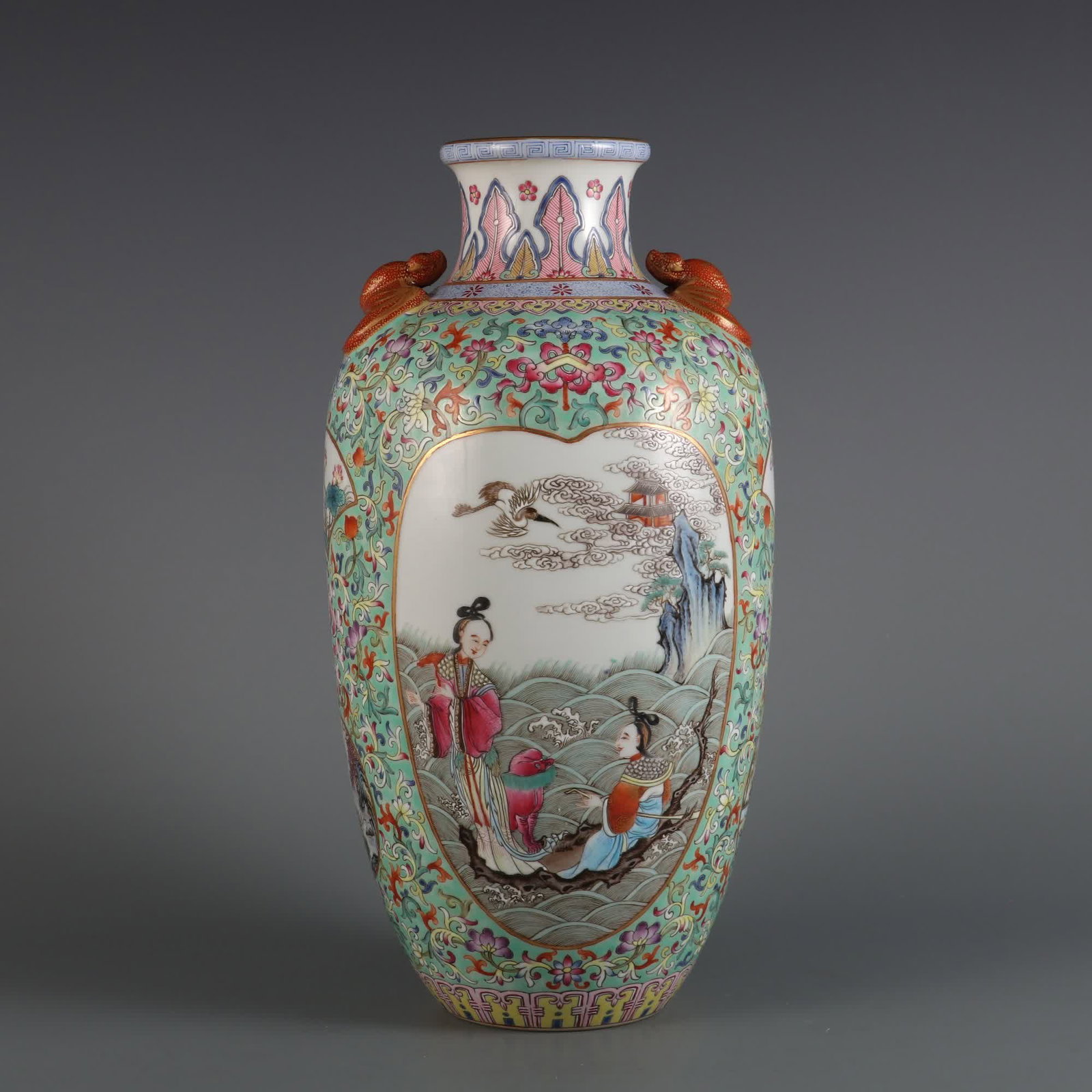 A Qing Dynasty Qianlong year green pastel open window landscape birthday celebration picture Fu ear (1 of 9)