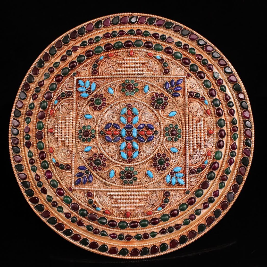 A Qing Dynasty Tibetan silver pure inlaid gemstone cross Dorje mandala (1 of 9)