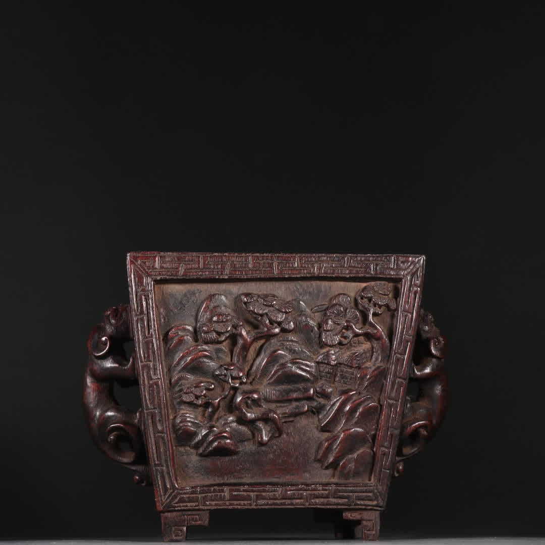 A piece of Qing Dynasty agarwood landscape scenery dragon ear incense burner: Qing Dynasty agarwood landscape scenery dragon ear incense burner SIZE: H:12.6cm W:17.3cm W:236.1g (The Dimensions Of All Batches Are Manually Measured.If You Need More Detailed Information, Please Co