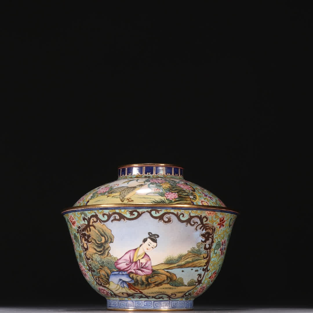 A Qing Dynasty copper-gilt painting enamel window opening character story gaiwan: Qing Dynasty copper gilt painting enamel window story cover bowl SIZE: H:9cm W:11cm W:325.1g (The Dimensions Of All Batches Are Manually Measured.If You Need More Detailed Information, Please Contact 