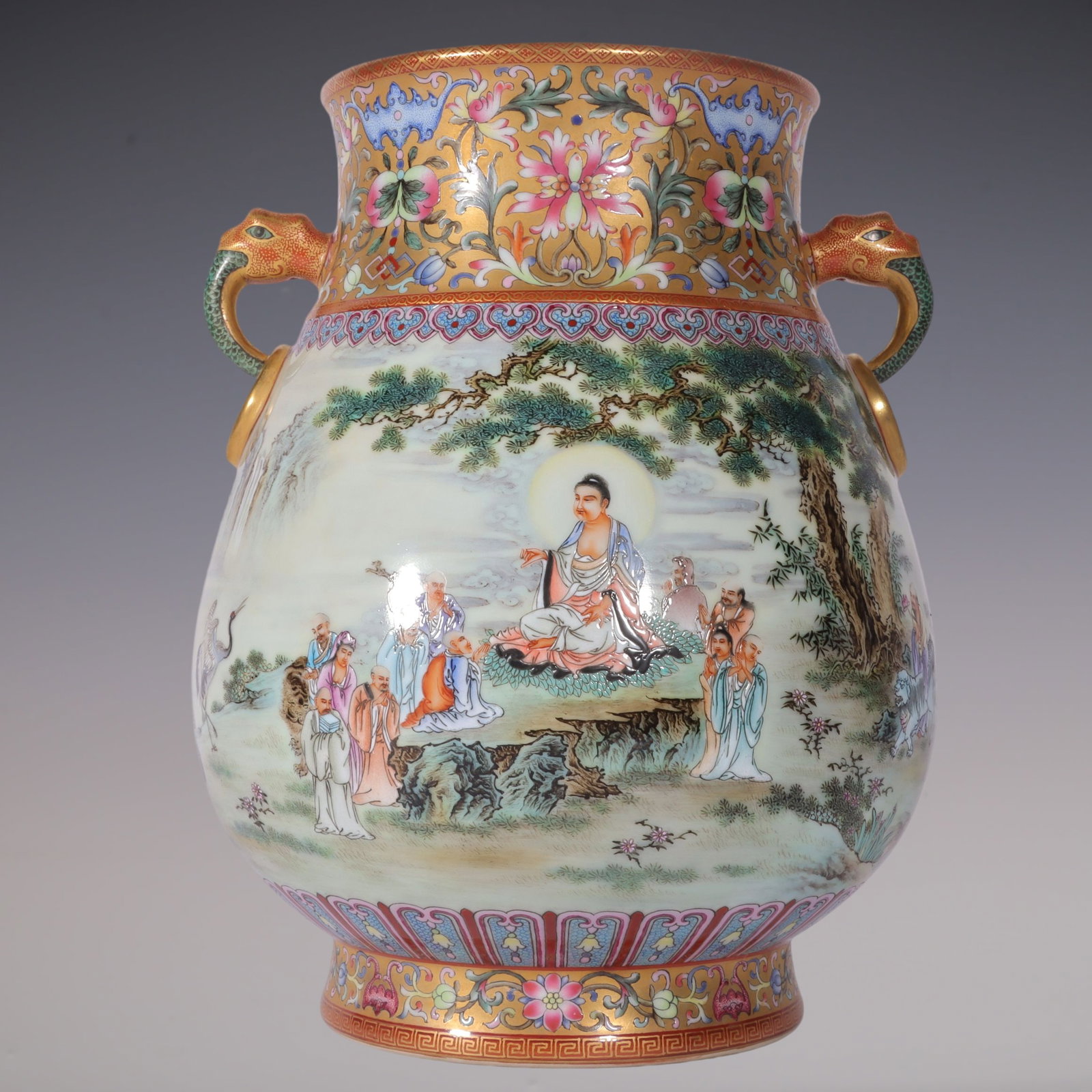 An Exquisite Enamel Lotus Pattern Bats and Peach Pattern Character and Story Pattern Double-Ears: An Exquisite Enamel Lotus Pattern Bats and Peach Pattern Character and Story Pattern Double-Ears Vase Qing Dynasty, China Qianlong Six-character Mark Size:25cmx19cm (The Dimensions Of All Batches Are