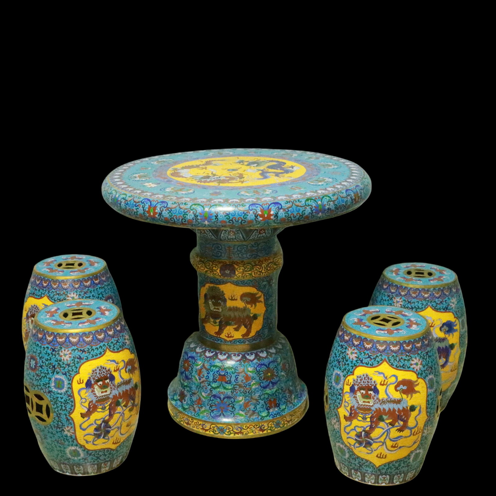 A Set of Fine Cloisonne Lotus Pattern Eight Treasures Pattern Dragon Pattern Lion Pattern Tables and: A Set of Fine Cloisonne Lotus Pattern Eight Treasures Pattern Dragon Pattern Lion Pattern Tables and chairs Qing Dynasty, China Size1:79cmx79cmz78cm Size2:30cmx30cmx44cm (The Dimensions Of All Batches