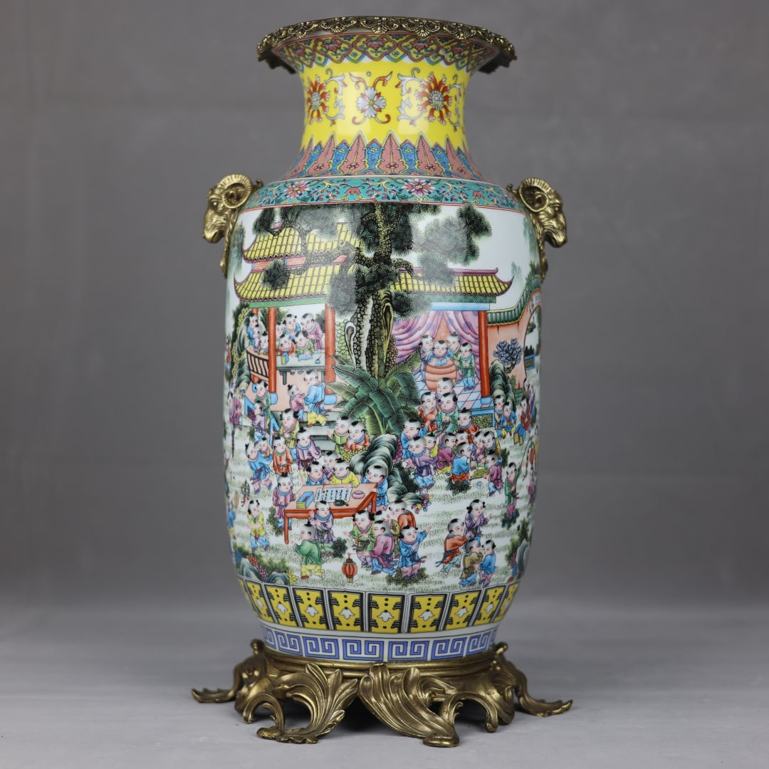 An Exquisite Famille-Rose Inlaid Bronze Lotus Pattern Character and Story Pattern Double-Ears Vase: An Exquisite Famille-Rose Inlaid Bronze Lotus Pattern Character and Story Pattern Double-Ears Vase Qing Dynasty, China Qianlong Six-character Mark Size:47cmx25cm (The Dimensions Of All Batches Are