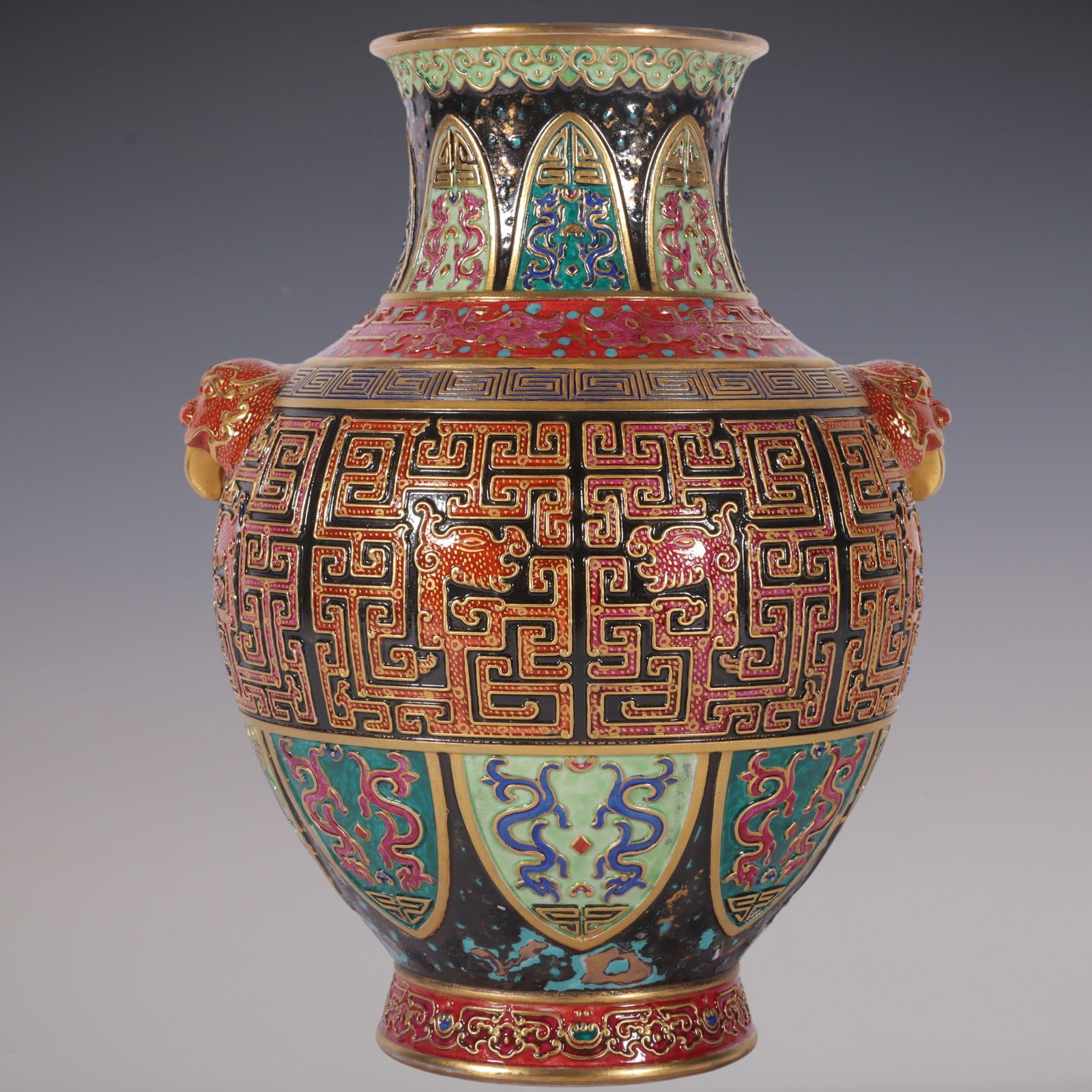An Exquisite Antique bronze glaze Painted Gold Dragon Pattern Double-Ears Vase: An Exquisite Antique bronze glaze Painted Gold Dragon Pattern Double-Ears Vase Qing Dynasty, China Qianlong Six-character Mark Size:22cmx15cm (The Dimensions Of All Batches Are Manually Measured.If Yo