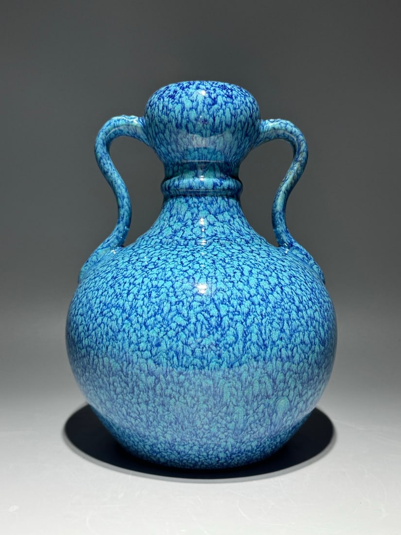 An Exquisite Robin's-Egg-Glazed Double-Ears Vase: An Exquisite Robin's-Egg-Glazed Double-Ears Vase Qing Dynasty, China Qianlong Six-character Mark Size:25.5cmx19cm (The Dimensions Of All Batches Are Manually Measured.If You Need More Detailed