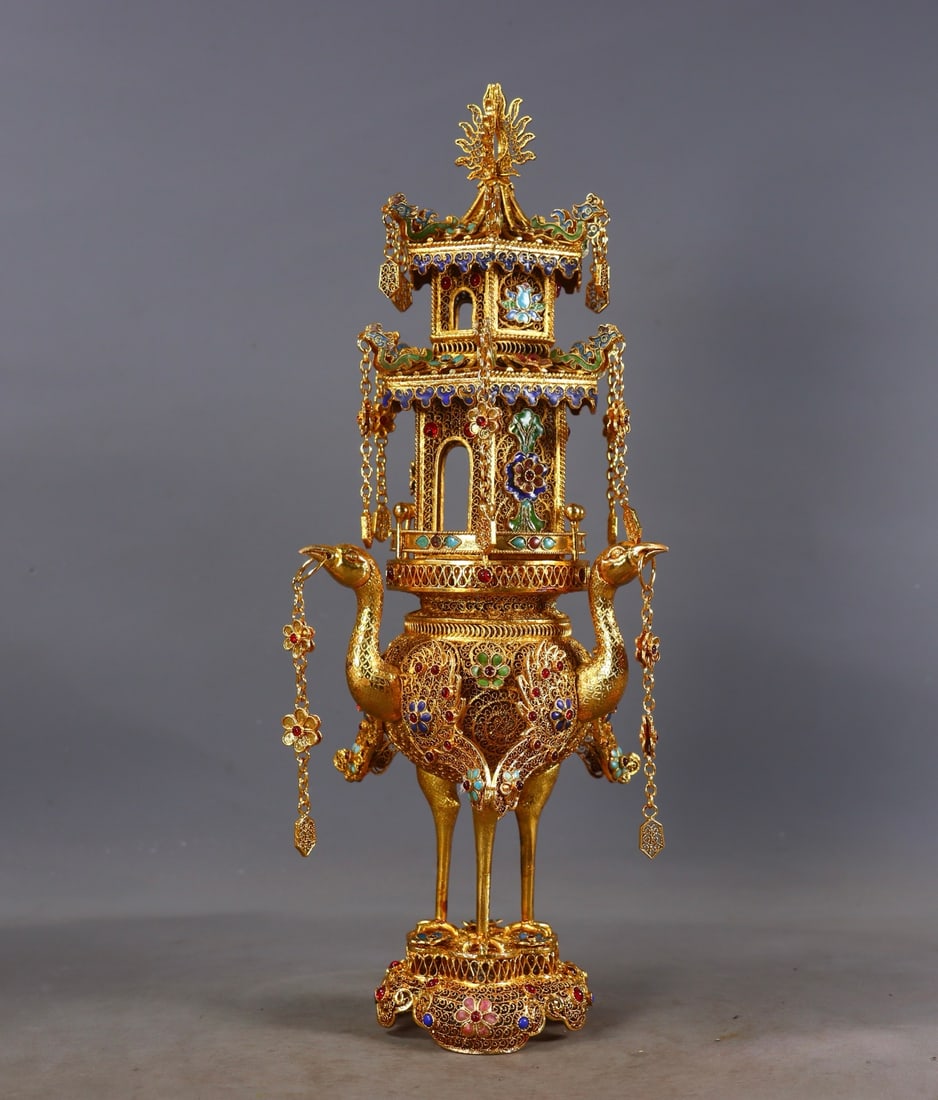 An Exquisite Gilt Bronze Inlaid Gems Pagoda: An Exquisite Gilt Bronze Inlaid Gems Pagoda Qing Dynasty, China Qianlong Four-character Mark Size:33cmx12.5cmx10cm Weight:918g (The Dimensions Of All Batches Are Manually Measured.If You Need More Det