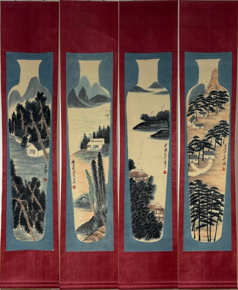 A Chinese Vertical Scroll Ink Painting of Landscape on Paper: A Chinese Vertical Scroll Ink Painting of Landscape on Paper Qi baishi Without frame Size:137.5cmx33cm entirety Size:198cmx41cm (The Dimensions Of All Batches Are Manually Measured.If You Need More De