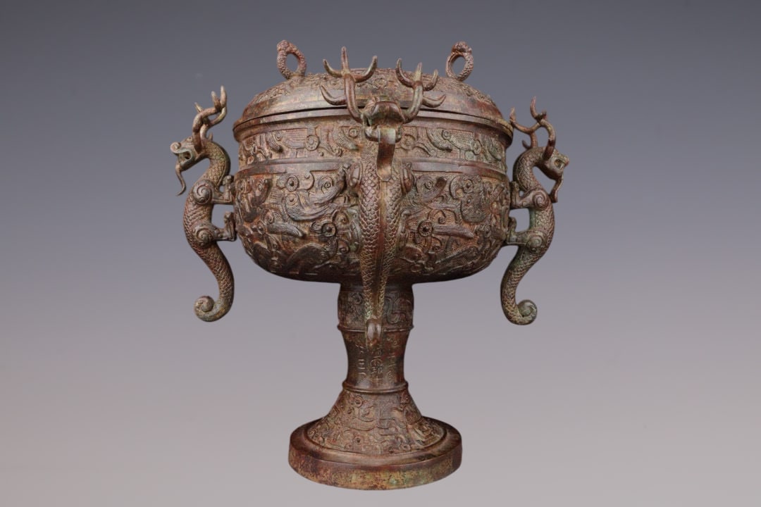 An Exquisite Bronze Dragon Pattern With Inscription Censer (1 of 9)