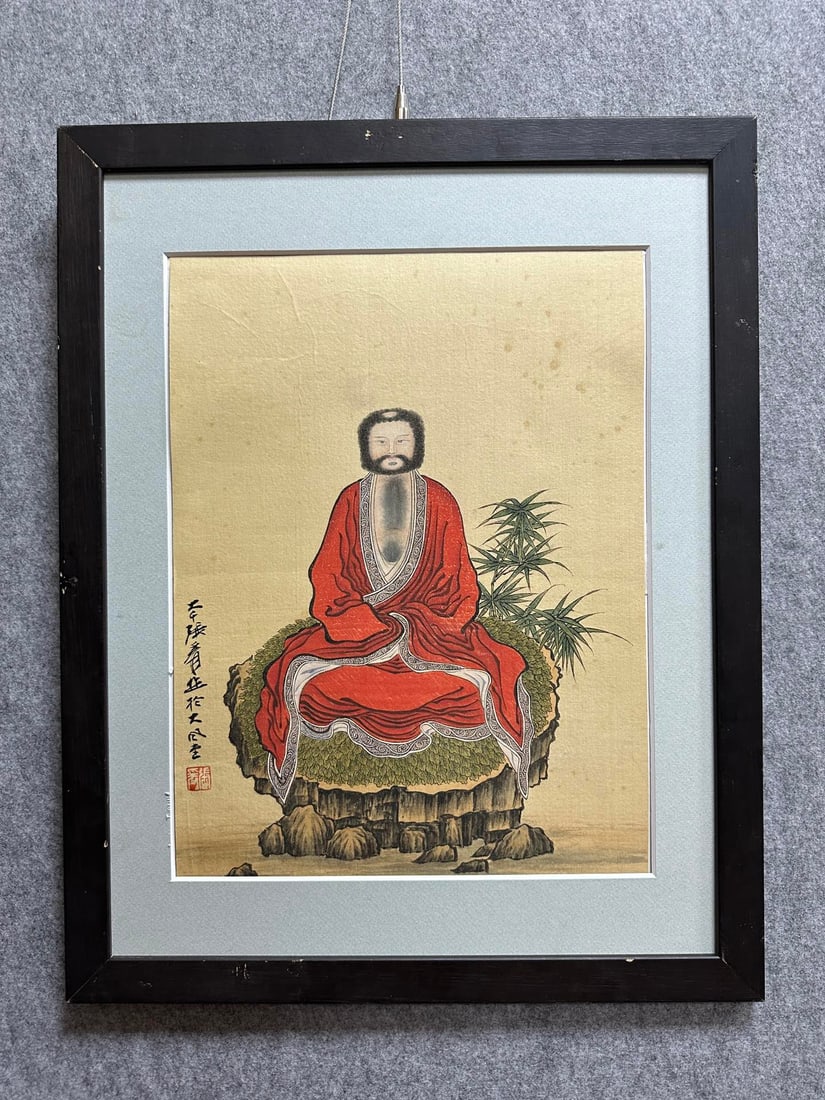A Chinese Ink Painting of Buddha Statue on Silk With Frame: A Chinese Ink Painting of Buddha Statue on Silk With Frame Zhang daqian Without frame Size:40cmx30cm (The Dimensions Of All Batches Are Manually Measured.If You Need More Detailed Information, Please 