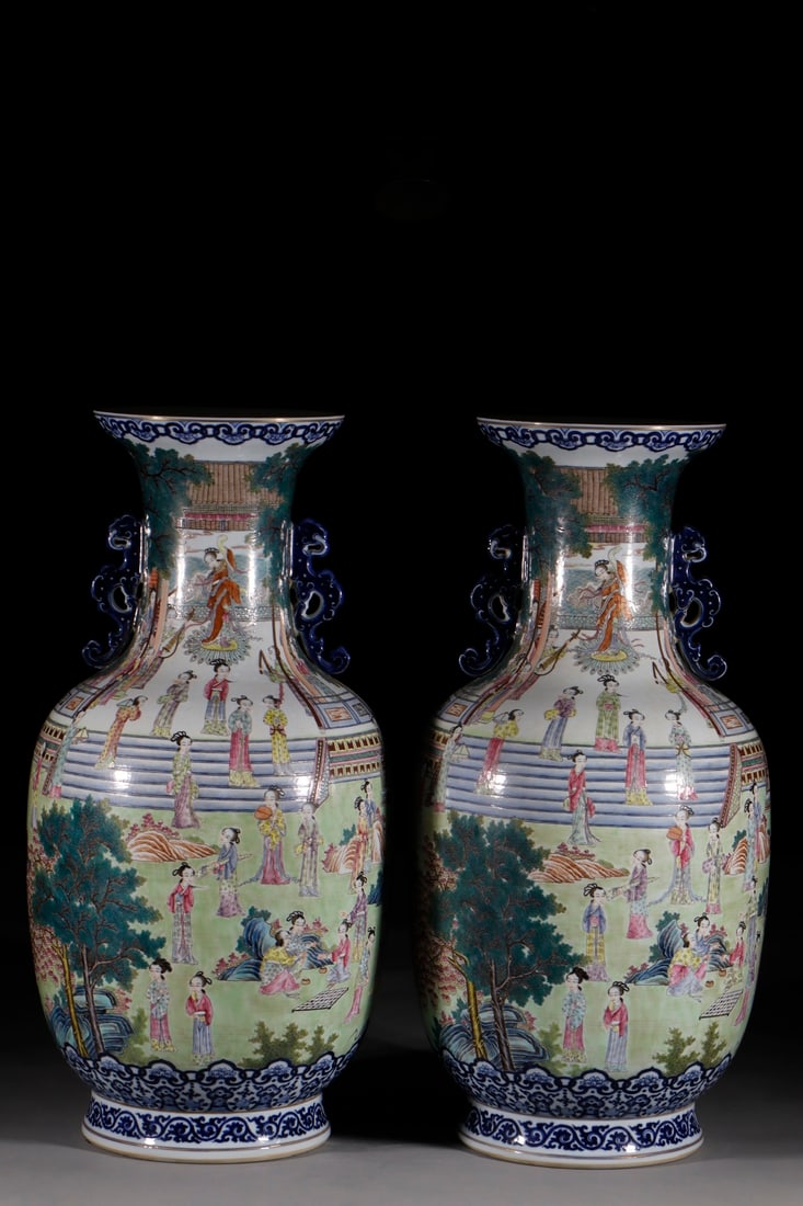 An Exquisite Blue and White Famille-Rose Painted Gold Character and Story Pattern Double-Ears Vase: An Exquisite Blue and White Famille-Rose Painted Gold Character and Story Pattern Double-Ears Vase Qing Dynasty, China Qianlong Six-character Mark Size:59cm (The Dimensions Of All Batches Are Manually