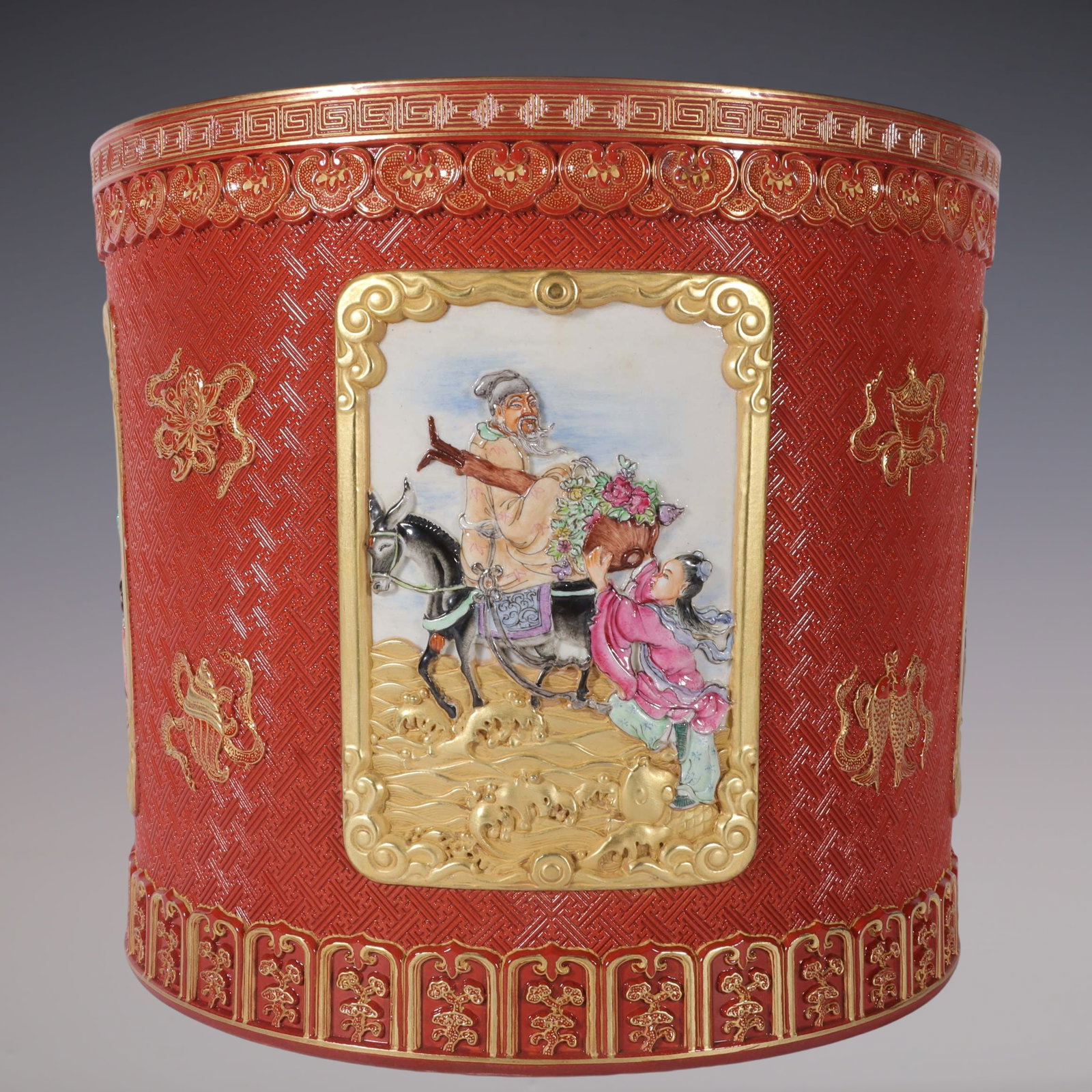 An Exquisite Enamel Iron-Red Painted Gold Character and Story Pattern Eight Treasures Pattern Brush: An Exquisite Enamel Iron-Red Painted Gold Character and Story Pattern Eight Treasures Pattern Brush Pot Qing Dynasty, China Qianlong Six-character Mark Size:24cmx27cm (The Dimensions Of All Batches Ar