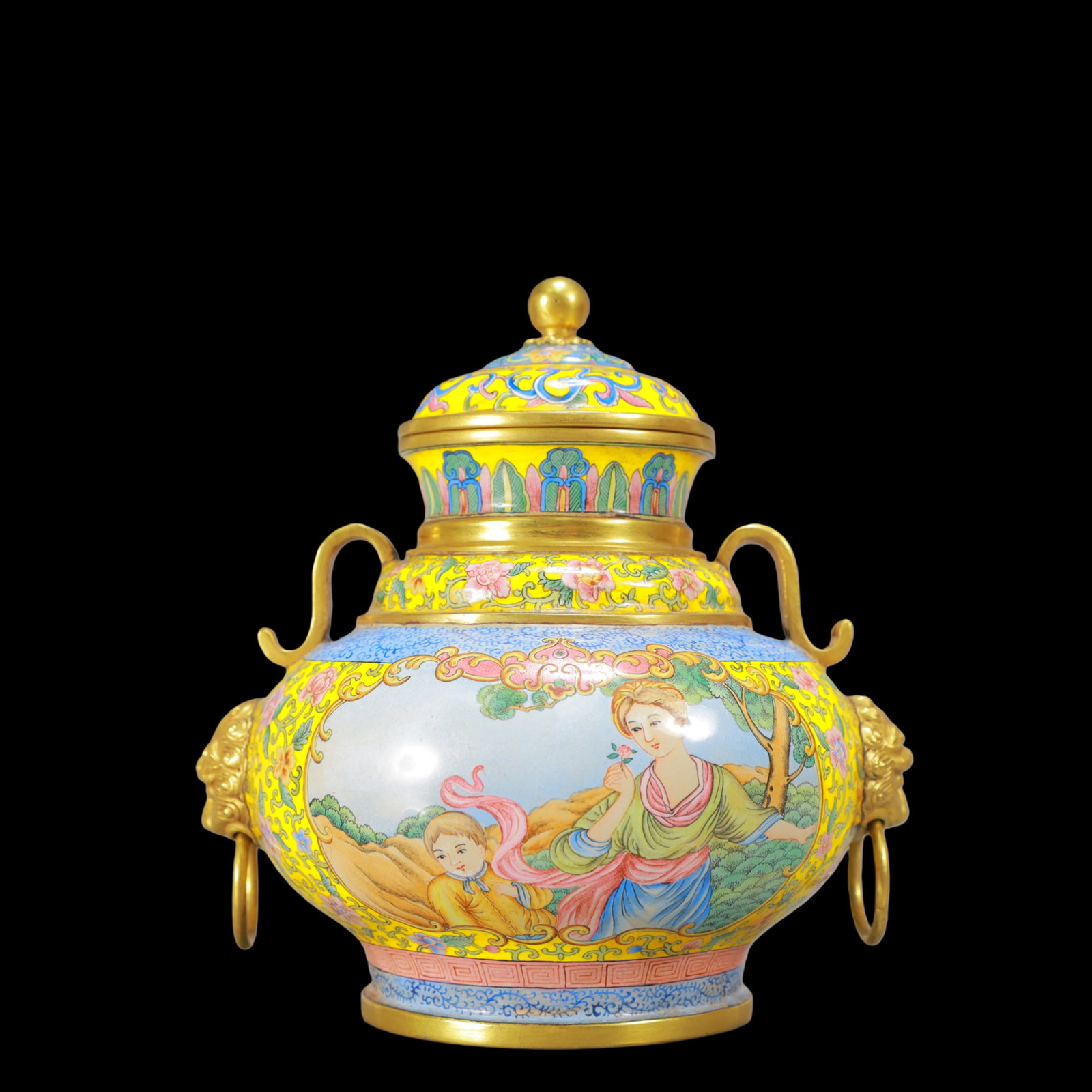A Exquisite Coppery Enamel Lotus Pattern Character and Story Pattern Jar: A Exquisite Coppery Enamel Lotus Pattern Character and Story Pattern Jar Qing Dynasty, China Qianlong Four-character Mark Size:13.5cmx12cmx15cm Weight:650g (The Dimensions Of All Batches Are Manually