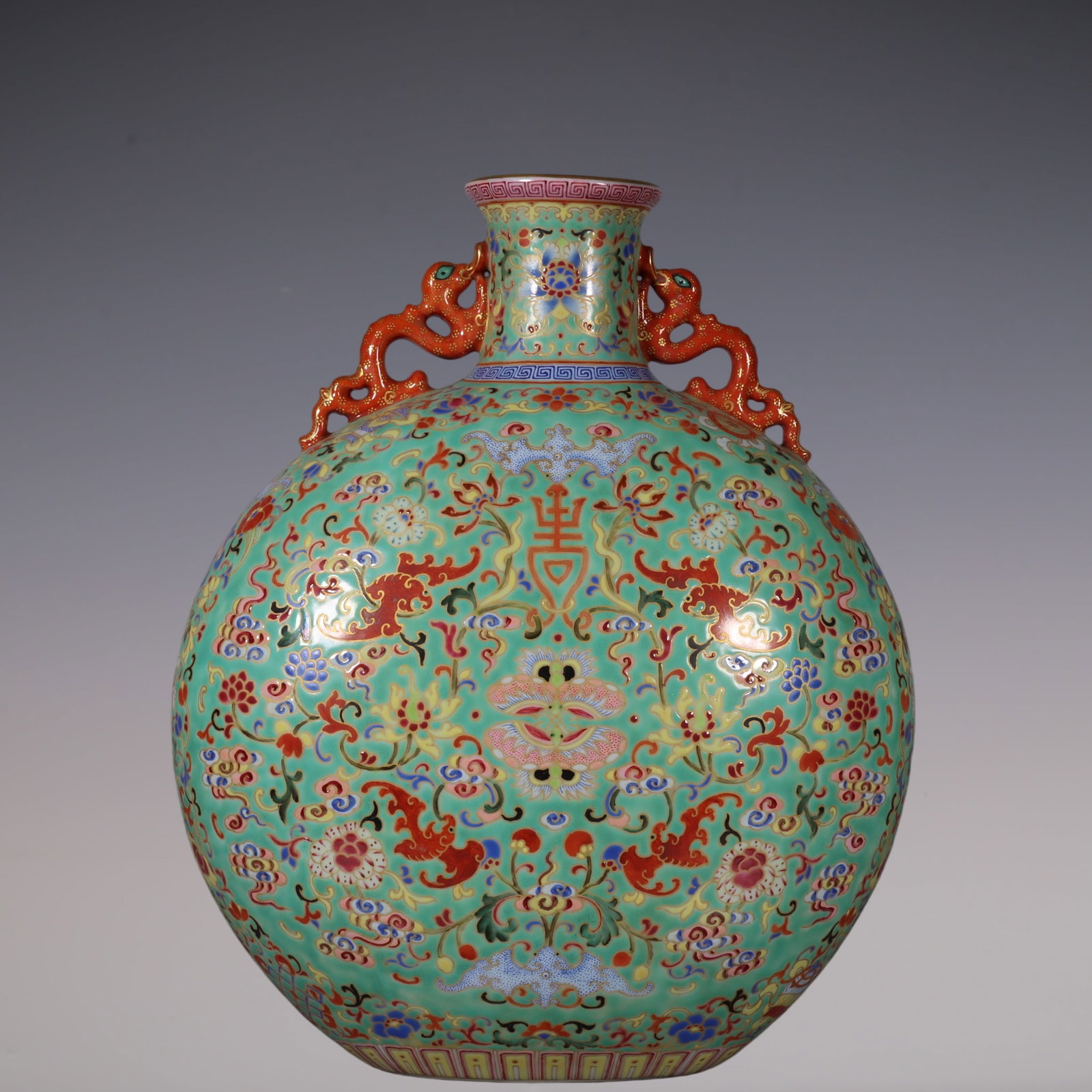 An Exquisite Enamel Painted Gold Lotus Pattern Bats and Peach Pattern Double-Ears Vase (1 of 9)