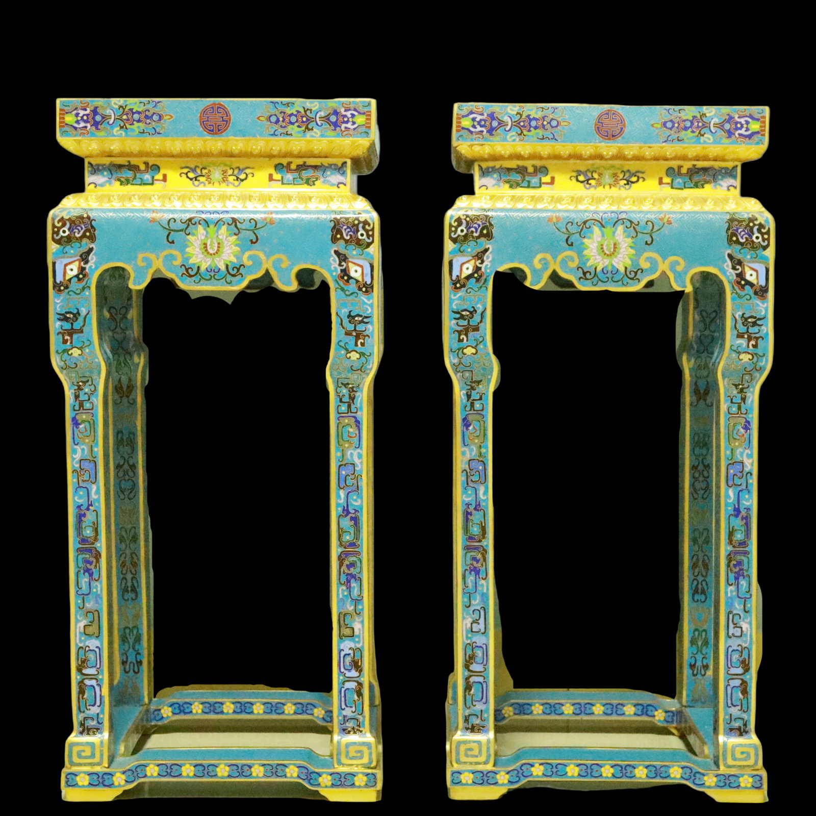 A Pair of Exquisite Cloisonne Lotus Pattern Chair: A Pair of Exquisite Cloisonne Lotus Pattern Chair Qing Dynasty, China Size:38cmx38.5cmx82cm (The Dimensions Of All Batches Are Manually Measured.If You Need More Detailed Information, Please Contact O
