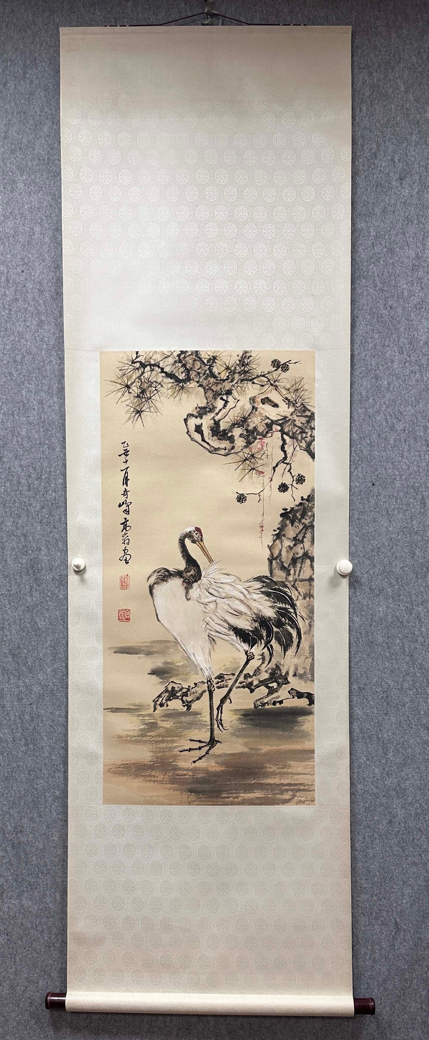 A Chinese Vertical Scroll Ink Painting of Flower and Bird on Paper: A Chinese Vertical Scroll Ink Painting of Flower and Bird on Paper Gao qifeng Without frame Size:47cmx101cm (The Dimensions Of All Batches Are Manually Measured.If You Need More Detailed Information, 