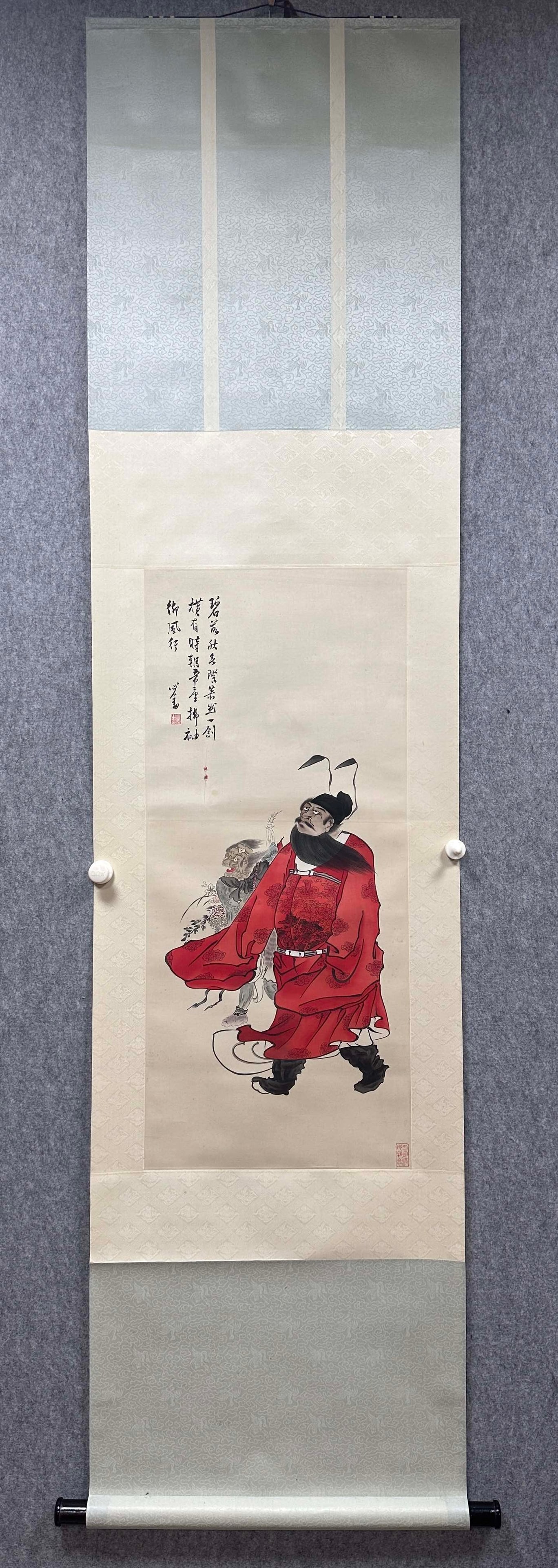 A Chinese Vertical Scroll Ink Painting of Figure on Silk: A Chinese Vertical Scroll Ink Painting of Figure on Silk Pu ru Without frame Size:39cmx89cm (The Dimensions Of All Batches Are Manually Measured.If You Need More Detailed Information, Please Contact