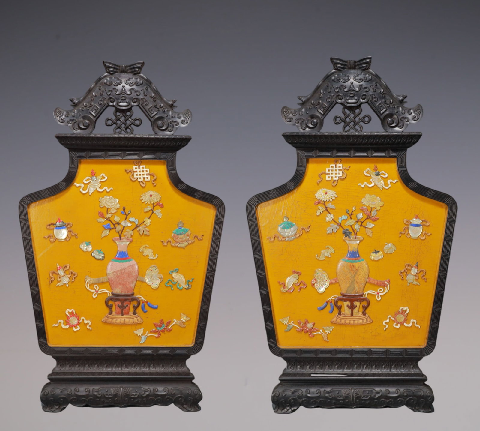 A Exquisite A pair of Zitanwood Inlaid Gems Eight Treasures Pattern Flower Pattern Beast-Face: A Exquisite A pair of Zitanwood Inlaid Gems Eight Treasures Pattern Flower Pattern Beast-Face Pattern Hanging Panel Qing Dynasty, China Size:52.5cmx5cmx91cm Weight:11850g (The Dimensions Of All