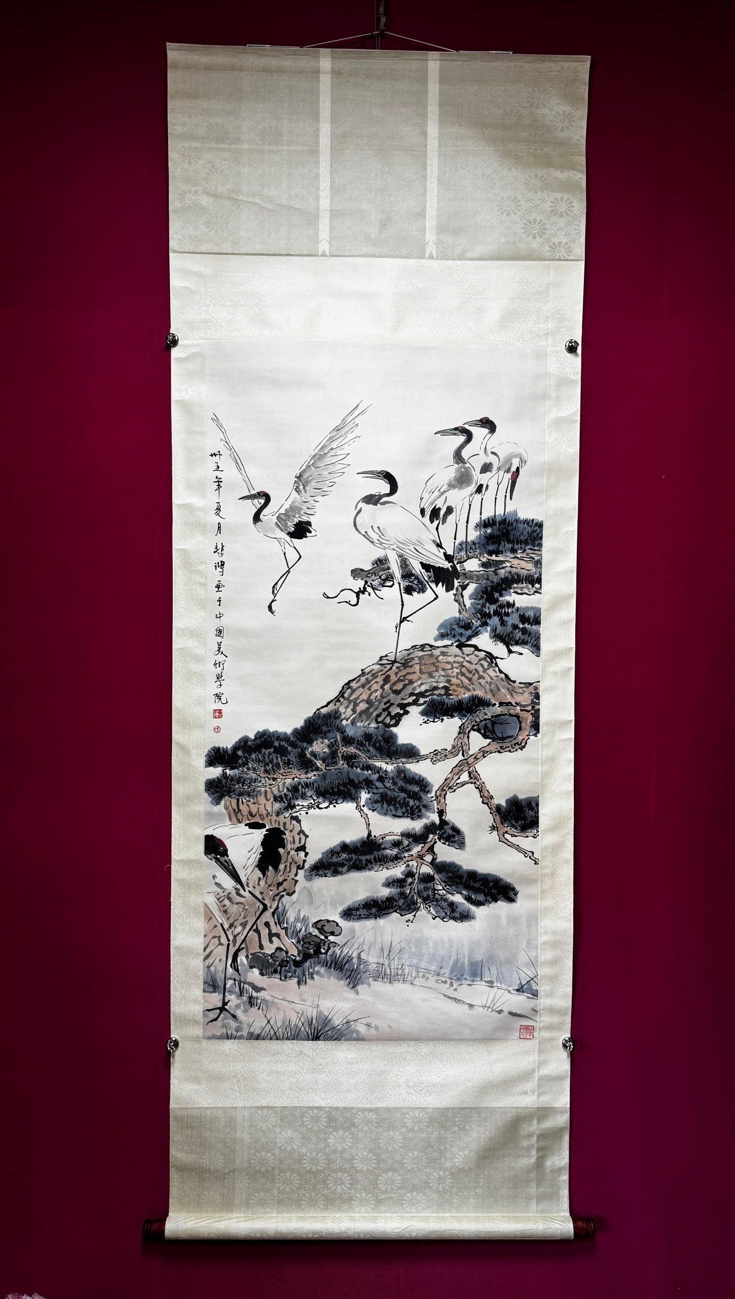 A Chinese Vertical Scroll Ink Painting of Pine and Crane on Paper: A Chinese Vertical Scroll Ink Painting of Pine and Crane on Paper Xu beihong Without frame Size:69cmx137cm (The Dimensions Of All Batches Are Manually Measured.If You Need More Detailed Information, P