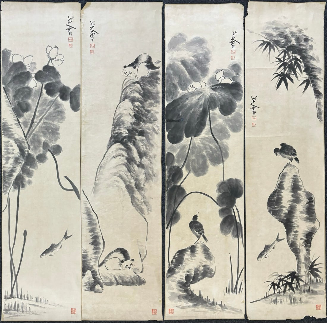 A Chinese Vertical Scroll Ink Painting of Flower and Bird on Paper: A Chinese Vertical Scroll Ink Painting of Flower and Bird on Paper Ba da shan ren Without frame Size:139.5cmx35cm (The Dimensions Of All Batches Are Manually Measured.If You Need More Detailed Informa