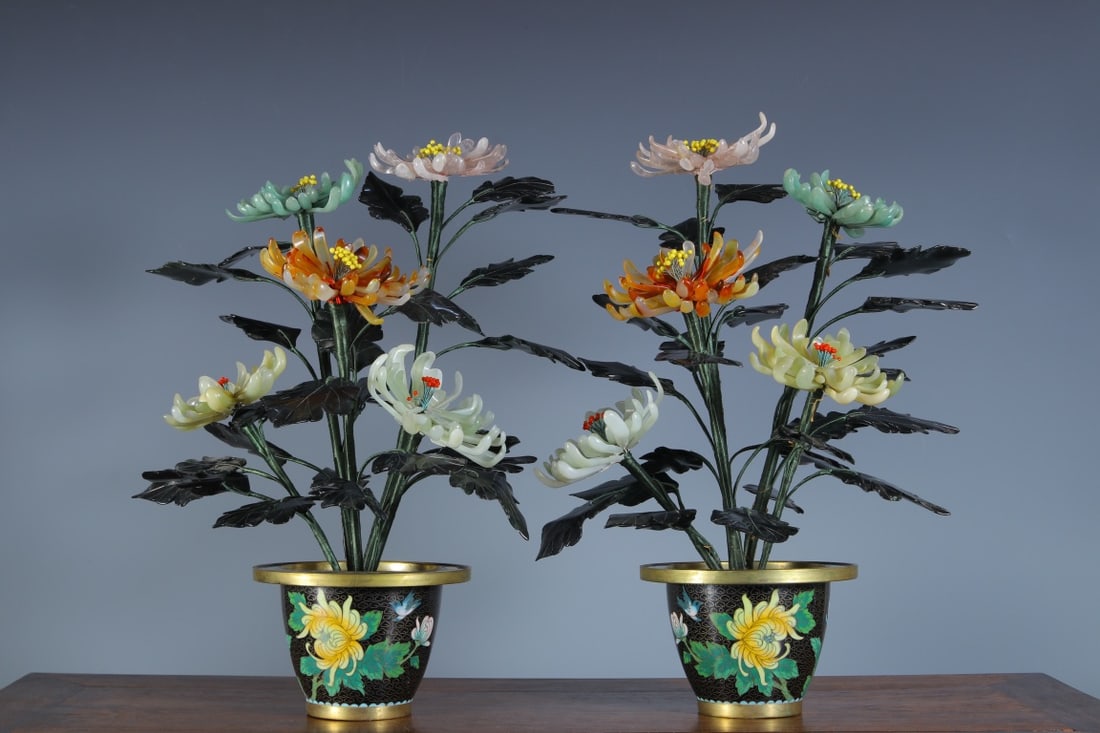 A Pair of Exquisite Cloisonne Flower Pattern Bonsai (1 of 9)