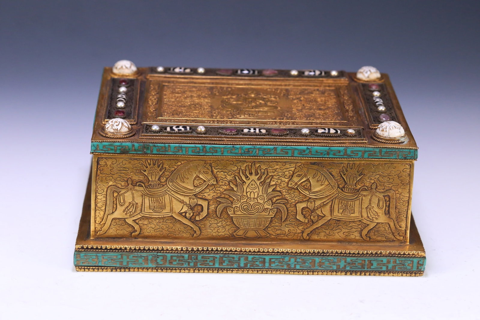 An Exquisite Gilt Bronze Inlaid Tourmaline Buddha Statue Pattern With Sanskrit Box (1 of 9)
