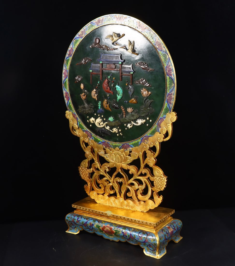 An Exquisite Cloisonne Inlaid Jasper Fish Pattern Flower Pattern Crane Pattern with poem Screen - 2