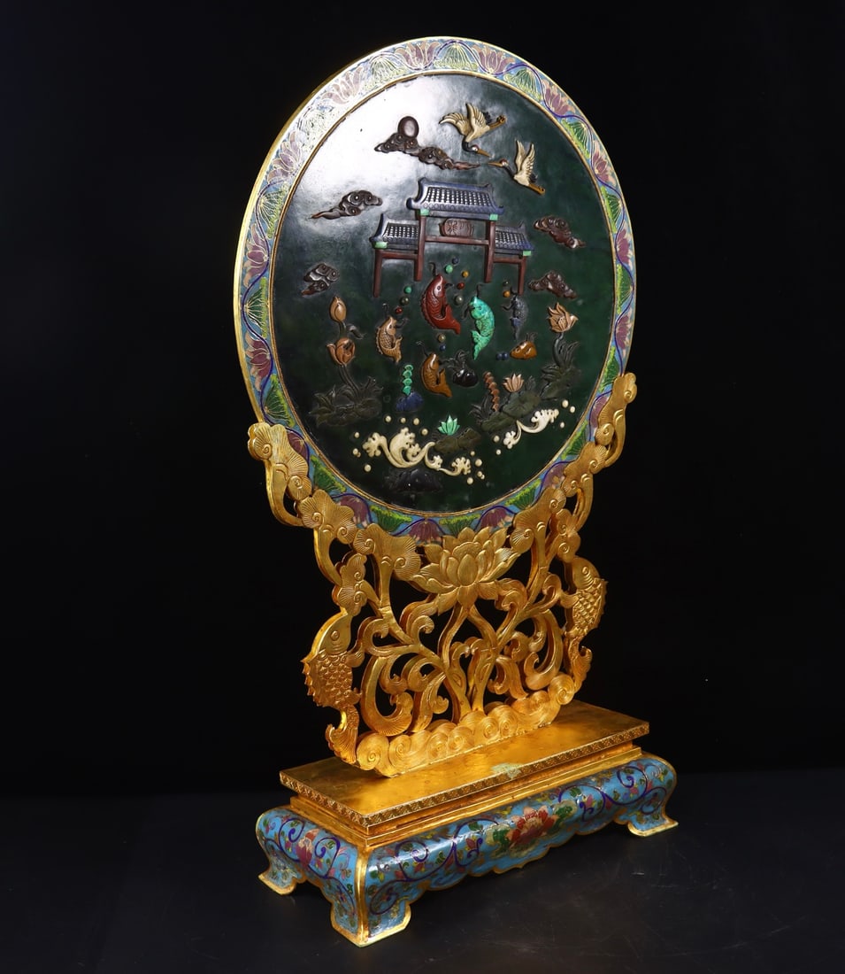 An Exquisite Cloisonne Inlaid Jasper Fish Pattern Flower Pattern Crane Pattern with poem Screen - 3