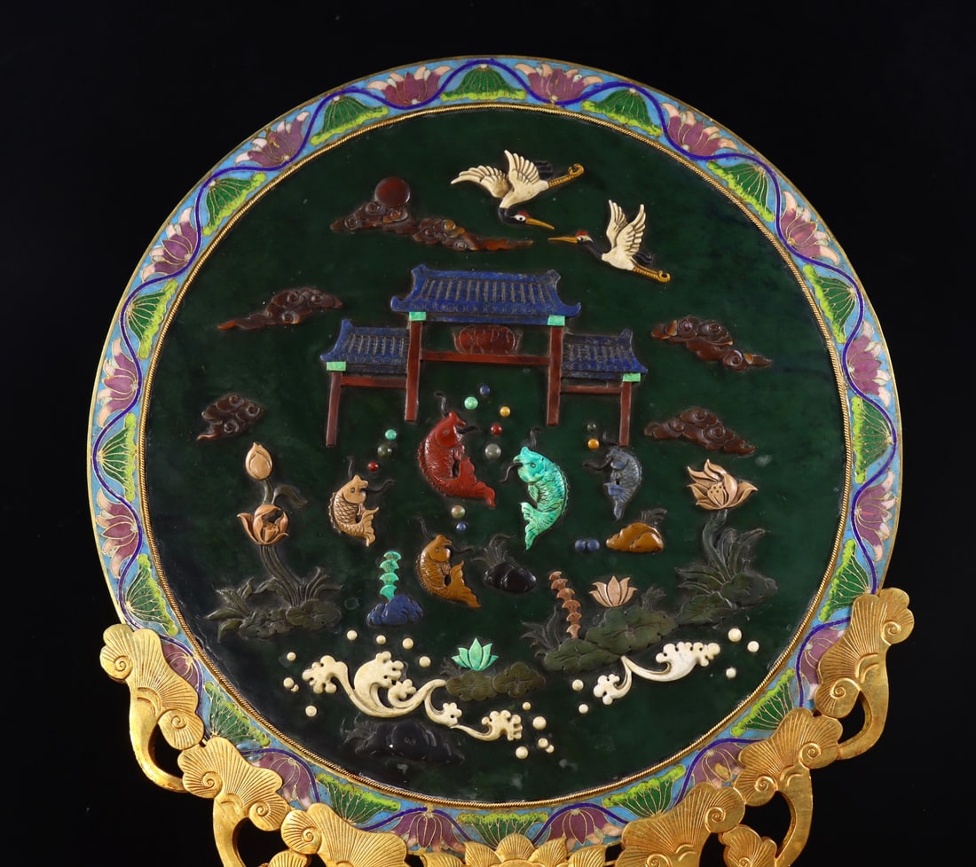 An Exquisite Cloisonne Inlaid Jasper Fish Pattern Flower Pattern Crane Pattern with poem Screen - 5