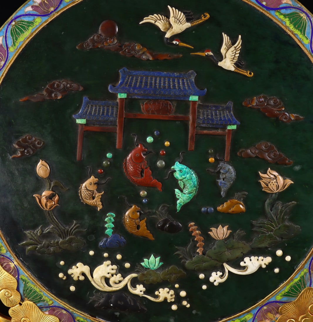 An Exquisite Cloisonne Inlaid Jasper Fish Pattern Flower Pattern Crane Pattern with poem Screen - 6