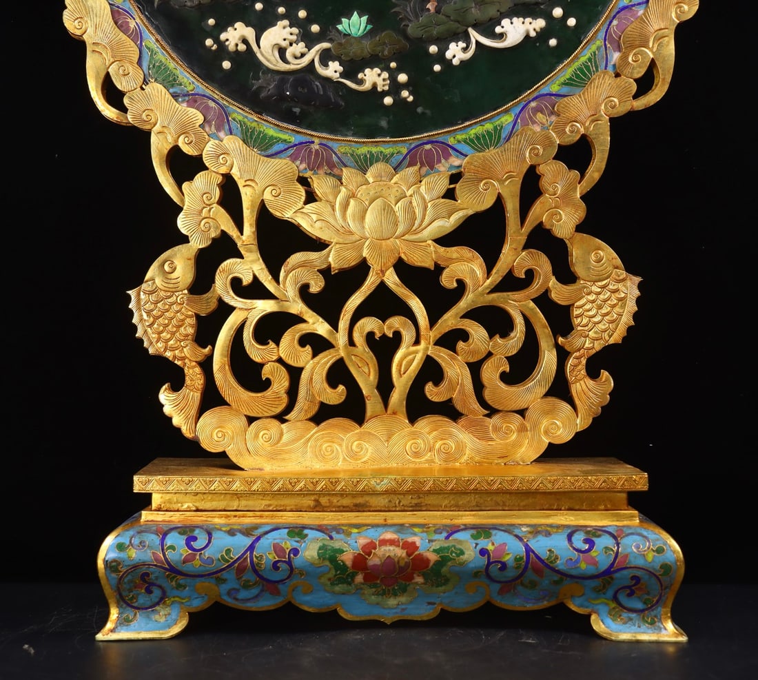 An Exquisite Cloisonne Inlaid Jasper Fish Pattern Flower Pattern Crane Pattern with poem Screen - 8
