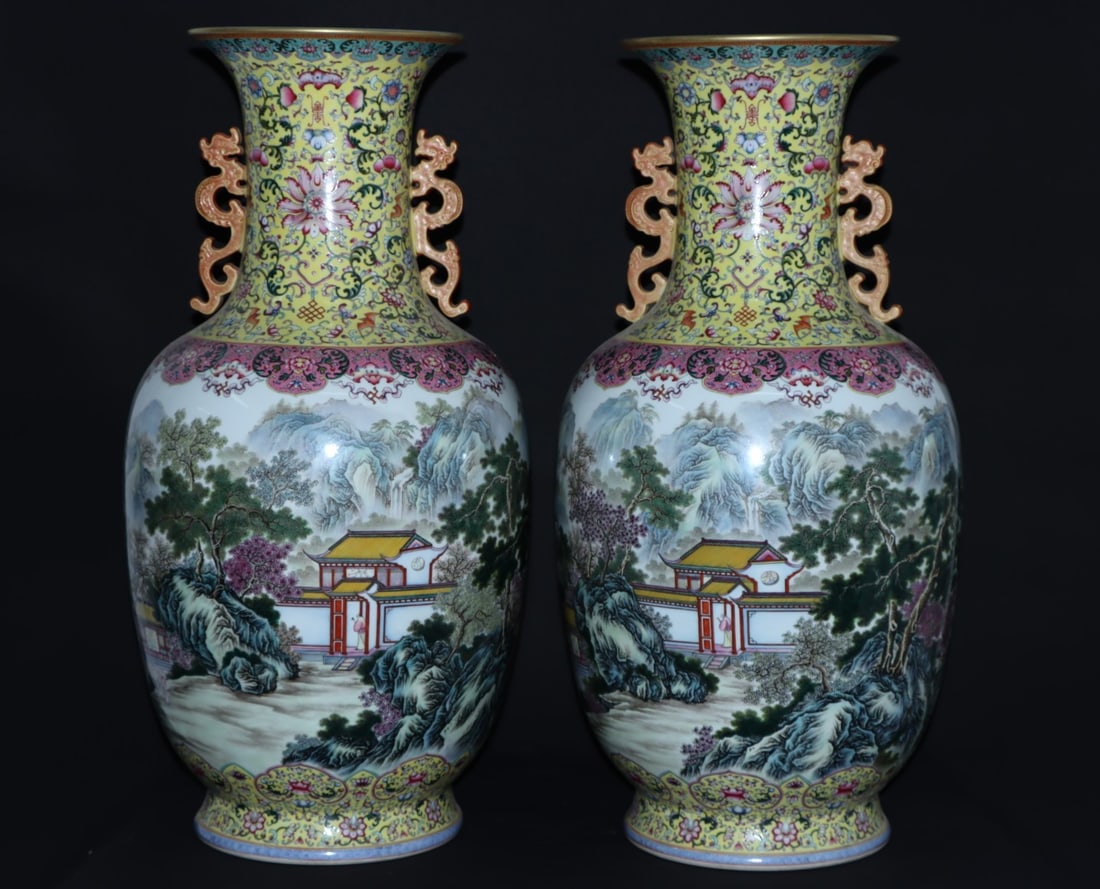 A Pair of Exquisite Famille-Rose Landscape and Figure Pattern Lotus Pattern Double-Ears Vase: A Pair of Exquisite Famille-Rose Landscape and Figure Pattern Lotus Pattern Double-Ears Vase Qing Dynasty, China Qianlong Four-character Mark Size:76.5cmx39cm (The Dimensions Of All Batches Are