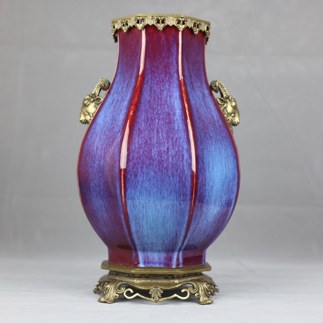 An Exquisite Flambe Glazed Inlaid Bronze Double-Ears Vase: An Exquisite Flambe Glazed Inlaid Bronze Double-Ears Vase Qing Dynasty, China Yongzheng Six-character Mark Size:44cmx24cm (The Dimensions Of All Batches Are Manually Measured.If You Need More
